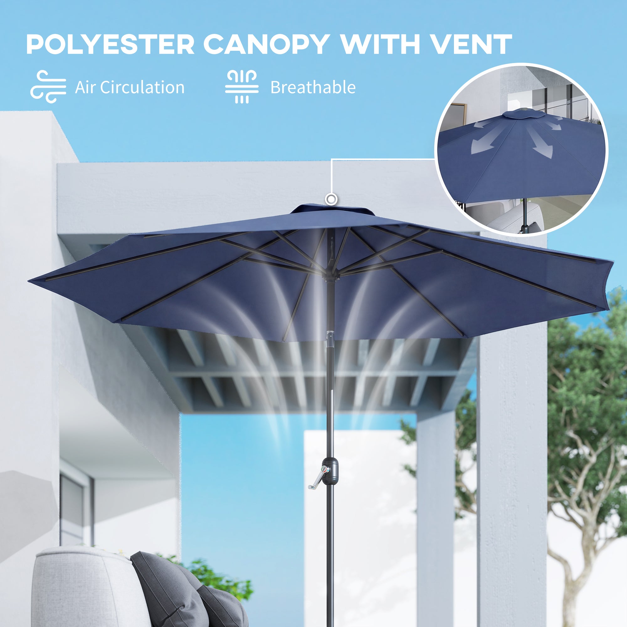 Outsunny 3 m Garden Parasol Umbrellas, Outdoor Sun Shade with 8 Ribs, Tilt and Crank Handle, Navy Blue