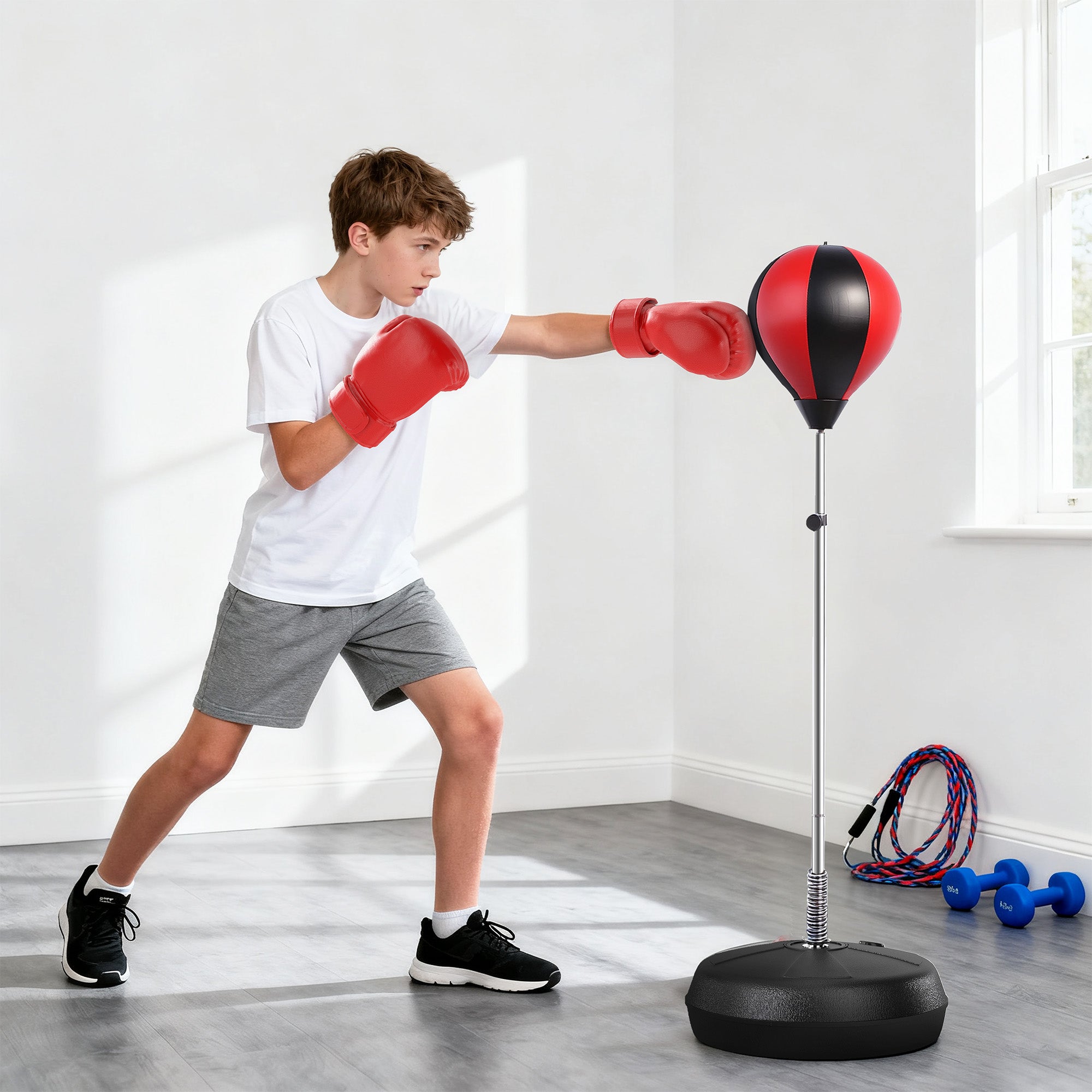 HOMCOM Kids Training Boxing Punch Ball Set 125-145H x Φ43cm with Gloves Air Pump Adjustable Height Freestanding Exercise Training for Kids and Teenagers