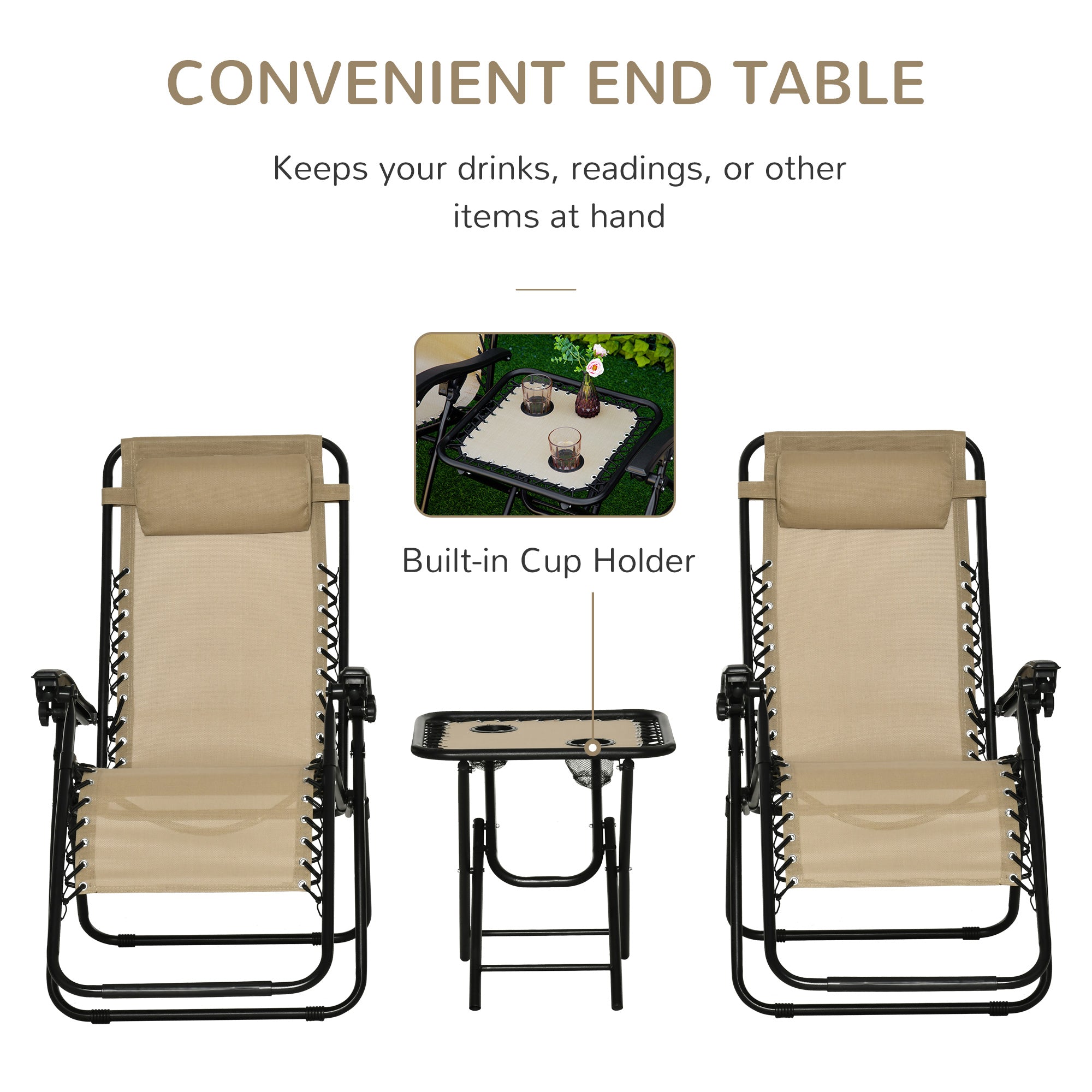 Outsunny 3pcs Folding Zero Gravity Chairs Sun Lounger Table Set w/ Cup Holders Reclining Garden Yard Pool, Beige - North Peak Garden Furniture