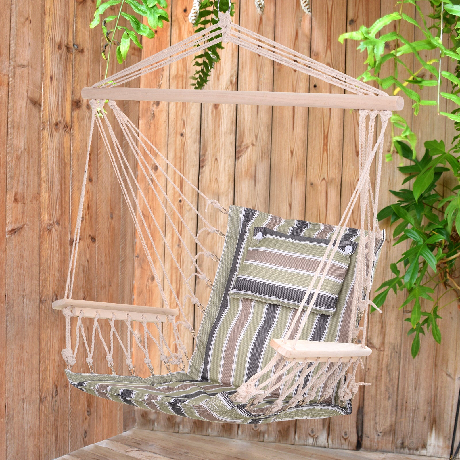 Outsunny Hanging Hammock Chair, Outdoor Garden Rope Swing with Wooden Arms, Wide Safe Seat, Stylish Multicoloured Stripes