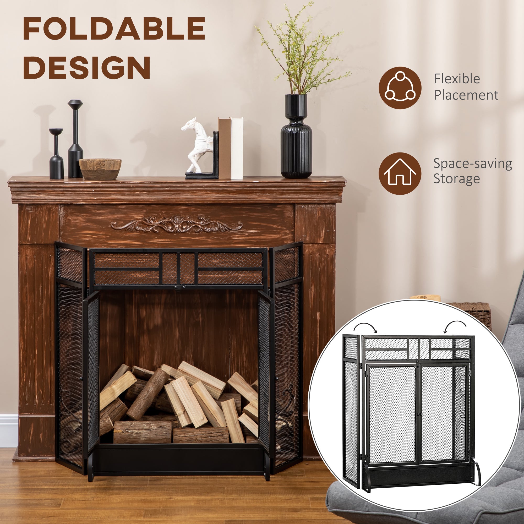 HOMCOM 3-Panel Folding Fireplace Screen with Door, Freestanding Spark Guard, Metal Mesh Fireguard, Black - North Peak Garden Furniture