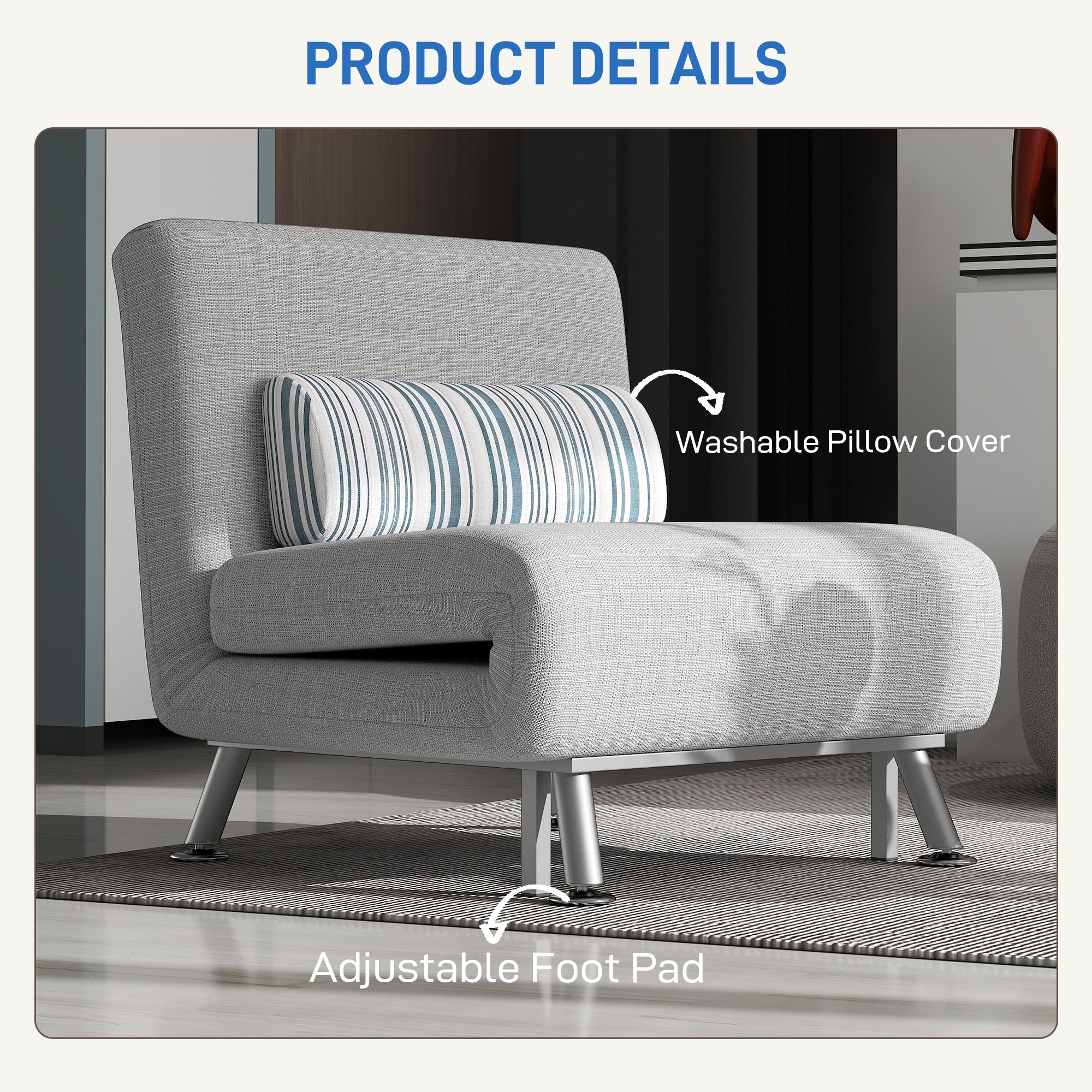 HOMCOM Single Sofa Bed, 1 Person Sleeper Foldable Lounge with Pillow, Grey