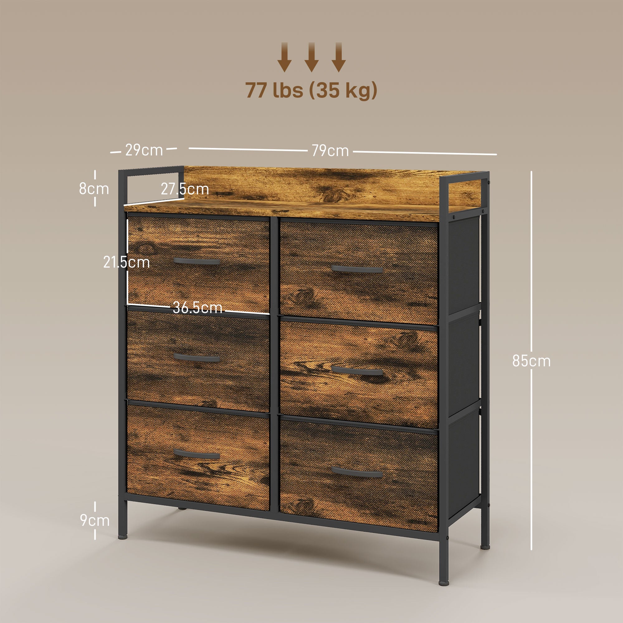 HOMCOM Rustic Chest of Six Fabric Drawers - Rustic Brown - North Peak Garden Furniture