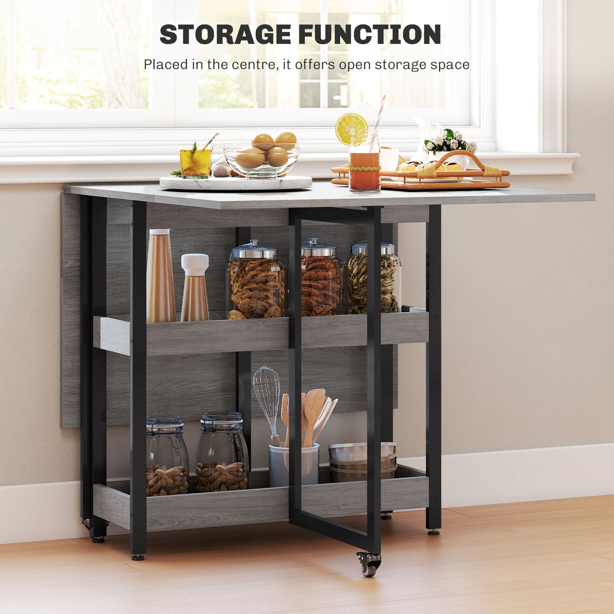 HOMCOM Industrial Folding Dining Table, Drop Leaf Table with Open Compartments for Small Spaces, Kitchen, Dining Room, Grey - North Peak Garden Furniture