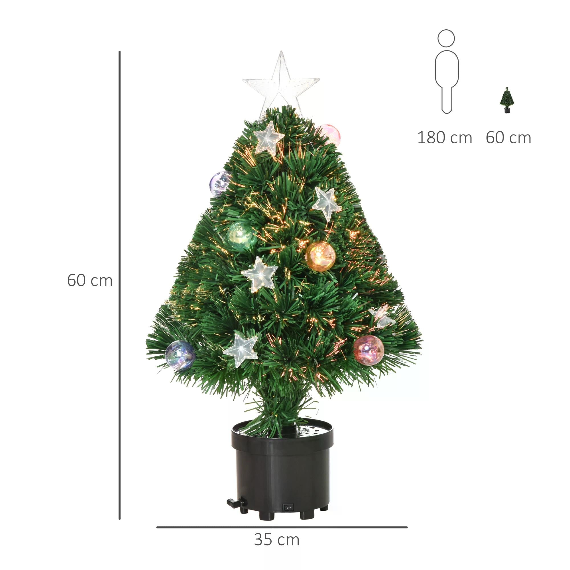 HOMCOM 2FT Pre-lit Artificial Christmas Tree Tabletop Multicoloured Fibre Optic Xmas Decoration w/ LED Lights Pot Table Desk - Green