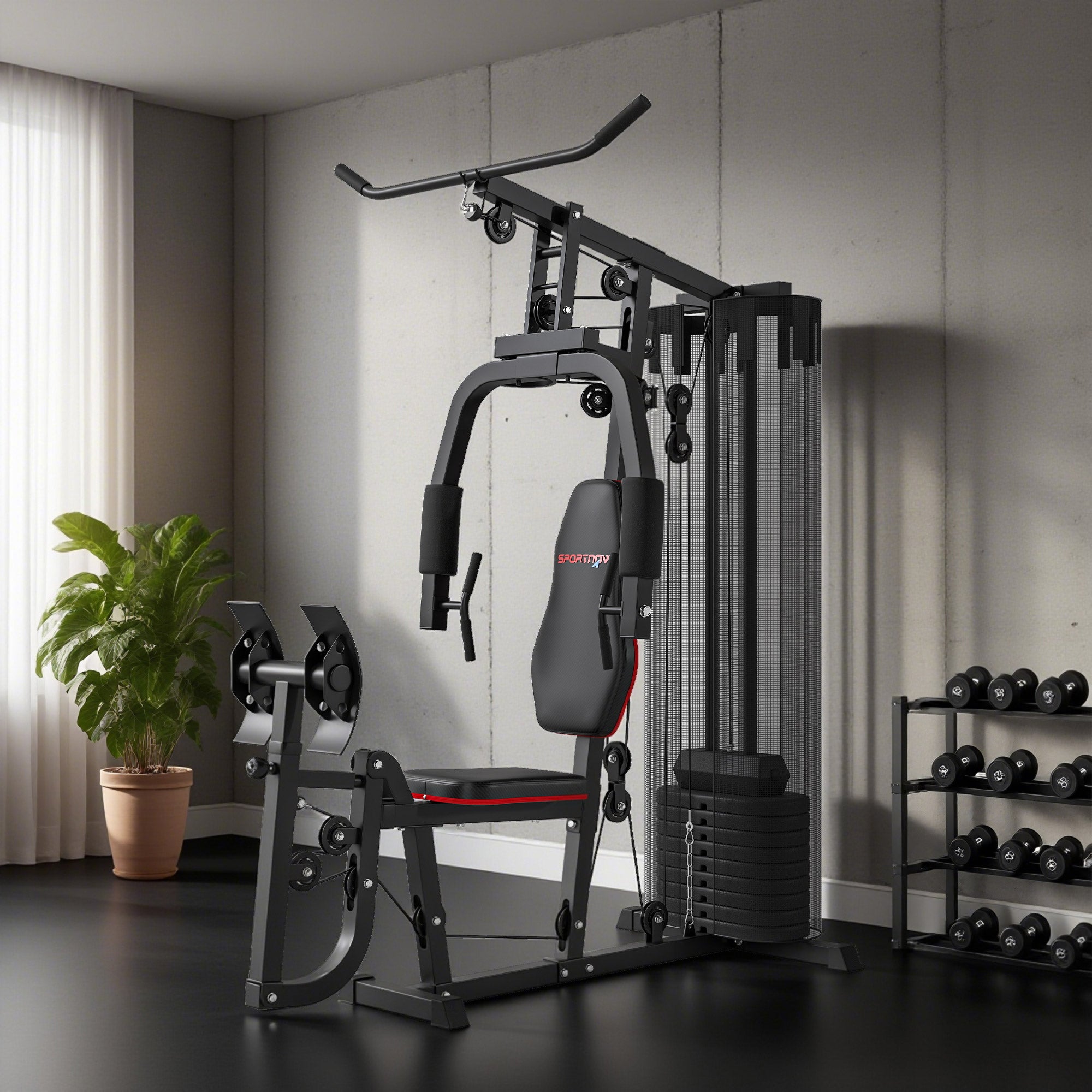SPORTNOW Weights Machine, Multi Gym with 45kg Weight Stack, Compact Home Gym Leg Press Machine for Full Body Training