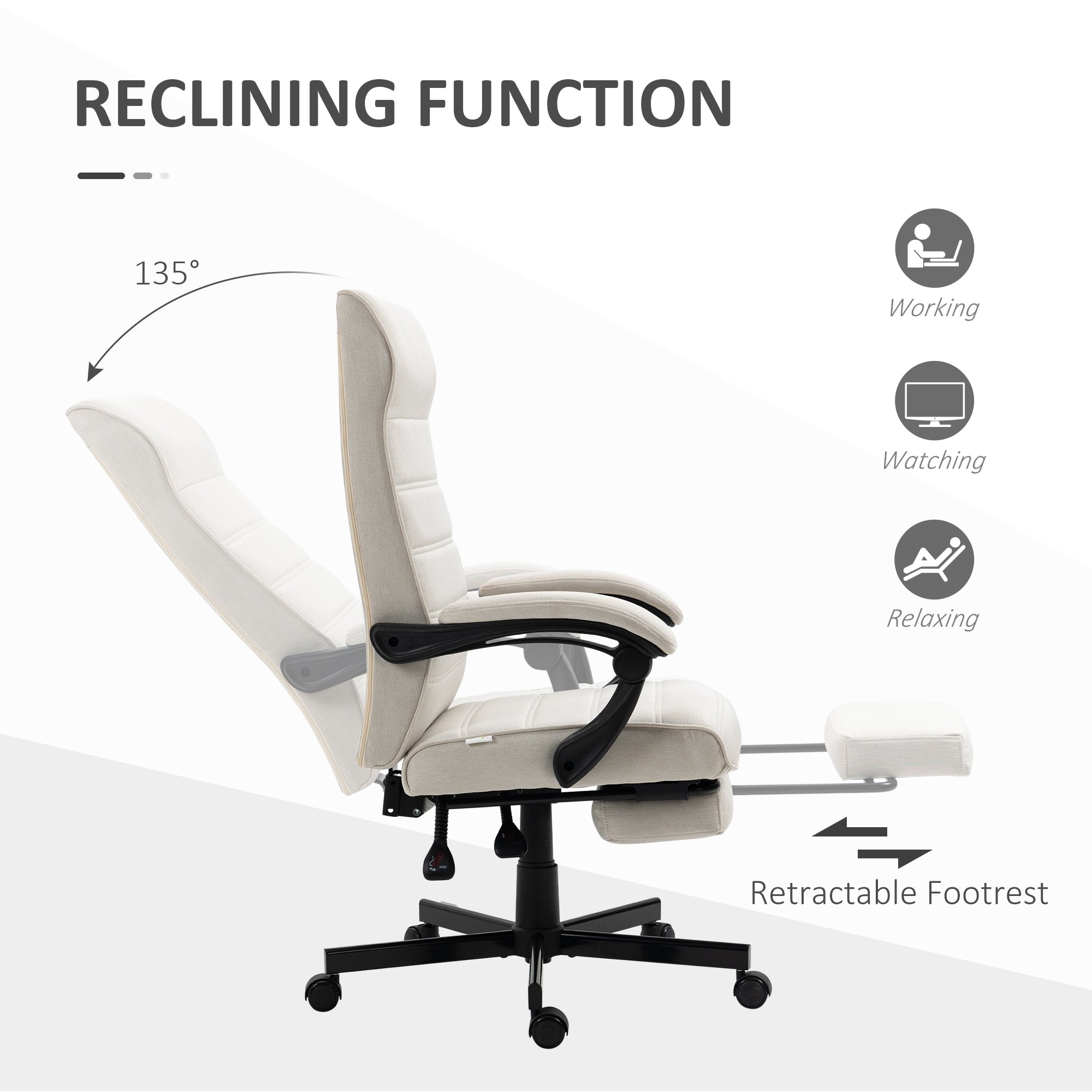 Vinsetto Office Chair, Computer Desk Chair, Fabric Swivel Chair with Adjustable Height and Rolling Wheels for Home Office Work Study, Cream White - North Peak Garden Furniture