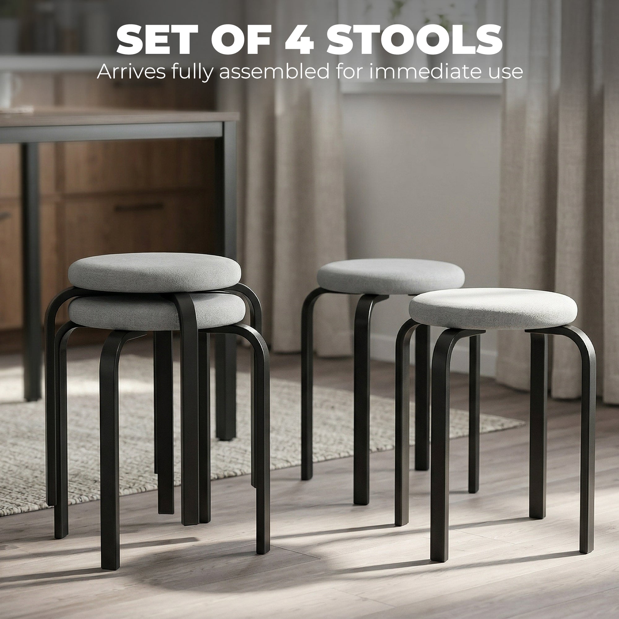 HOMCOM Stackable Stools Modern Cushioned Round Backless Stools Set of 4 Kitchen Dining Room Grey