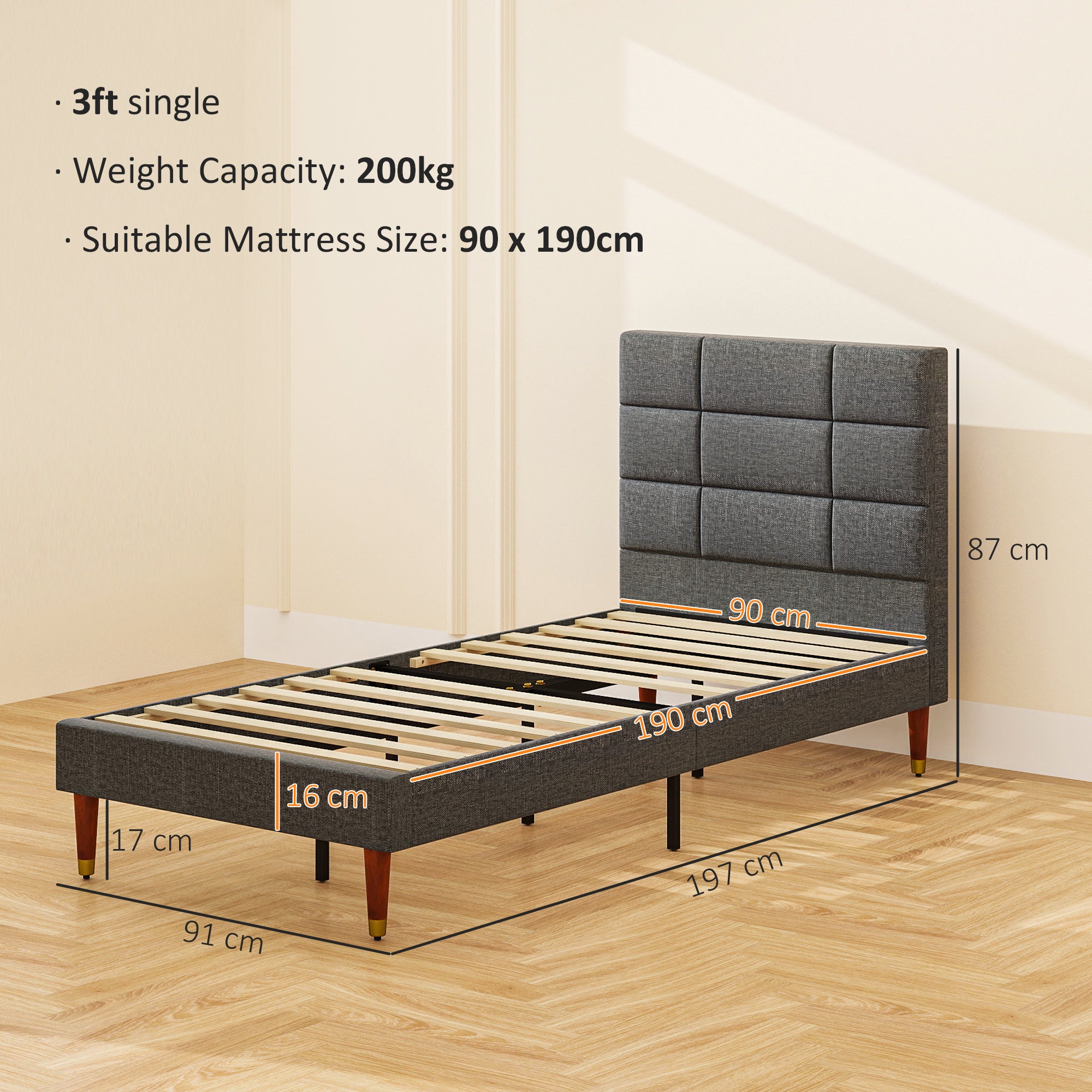 HOMCOM Upholstered Single Bed Frame, with Slats - Grey - North Peak Garden Furniture