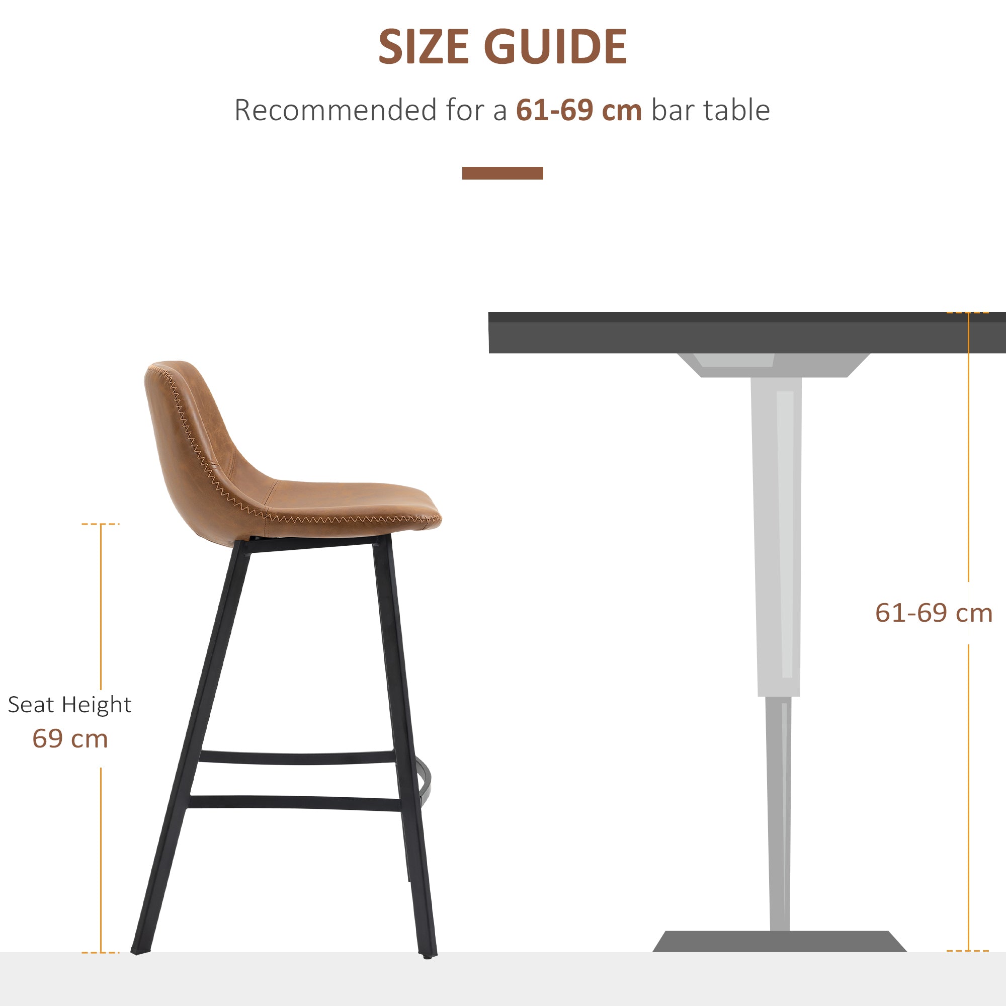 HOMCOM Bar Stools Set of 2, Industrial Kitchen Stool, Upholstered Bar Chairs with Back, Steel Legs, Brown - North Peak Garden Furniture