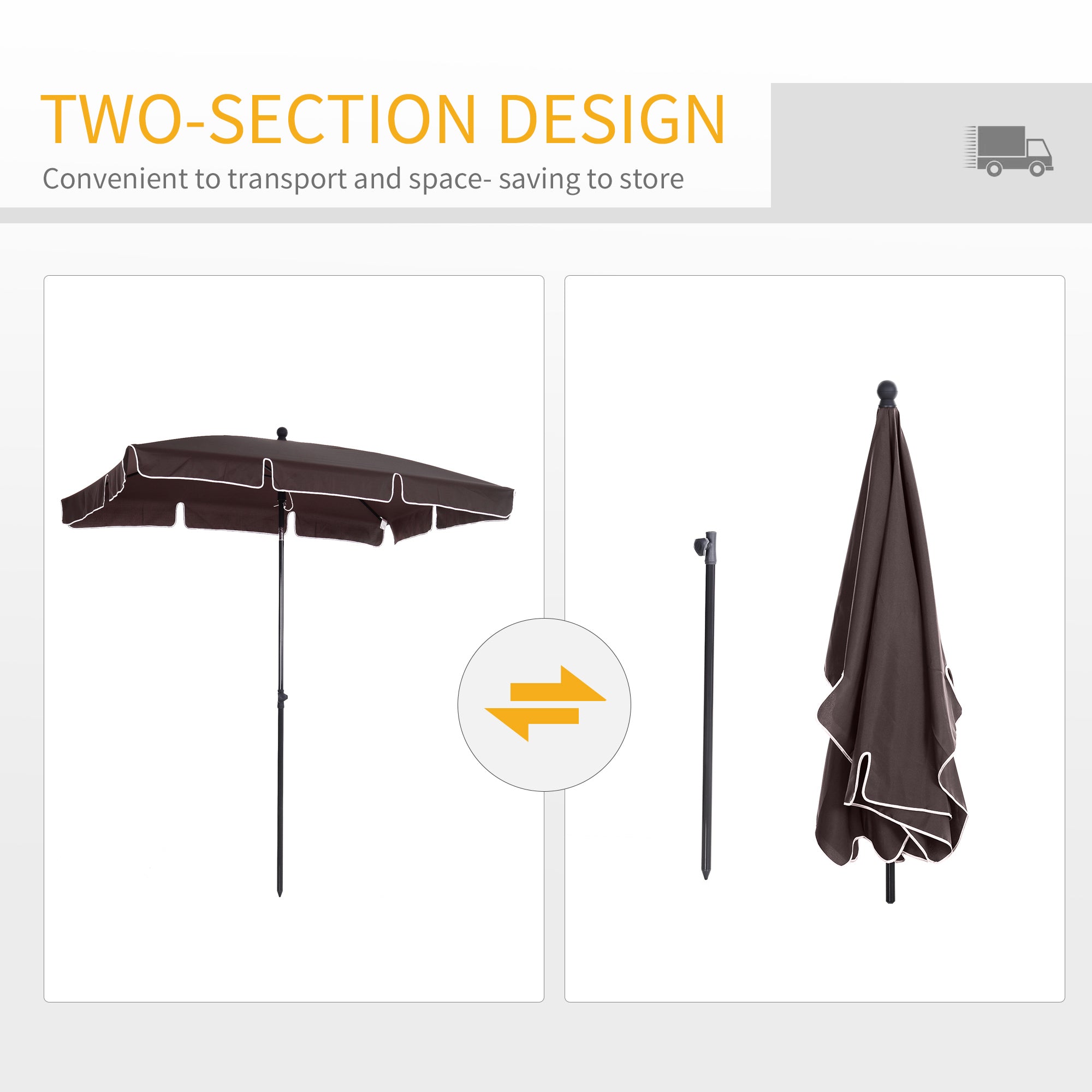 Outsunny Garden Parasol Umbrella, Outdoor Market Table Umbrella with Ruffles & Aluminium Pole, Rectangular Tilting Parasol Sun Shade Canopy, 2 x 1.3m, Brown - North Peak Garden Furniture