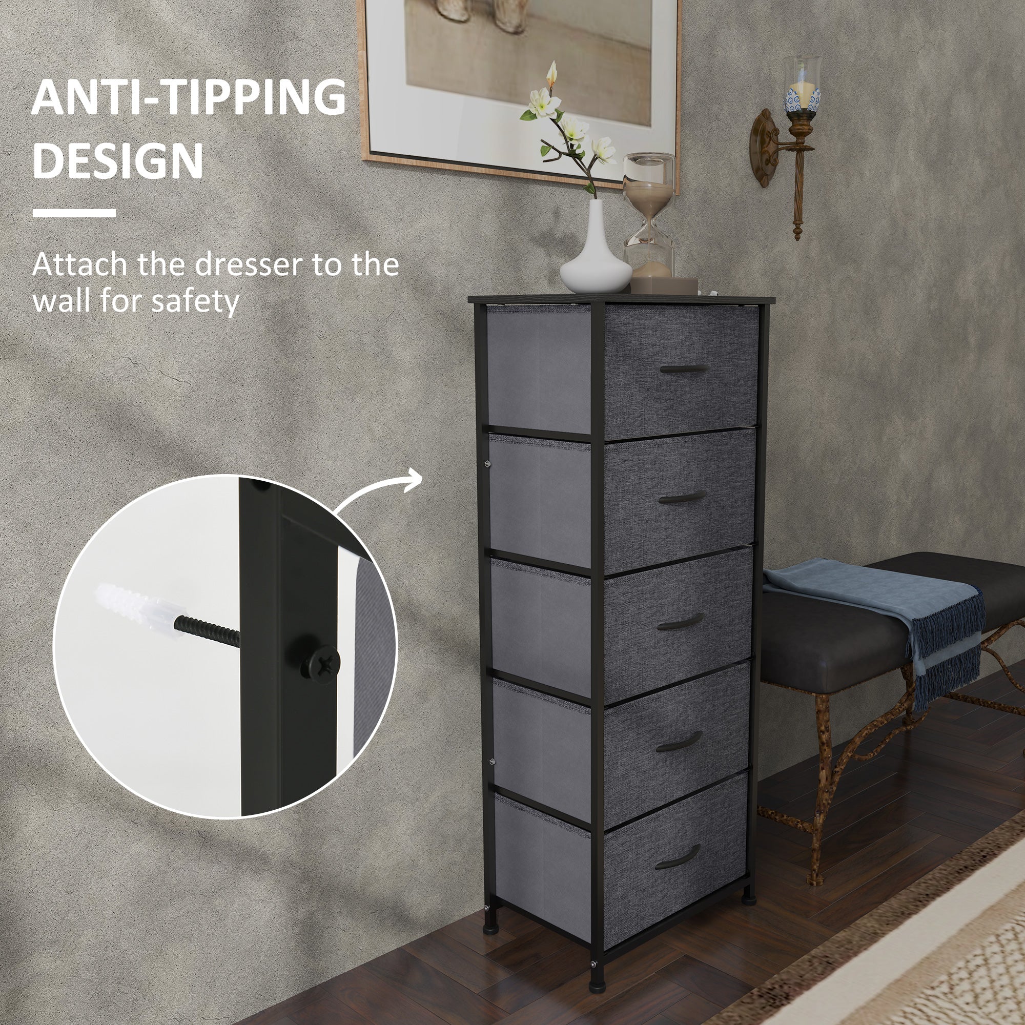 HOMCOM Fabric Chest of Drawers, Storage Drawers, Industrial Bedroom Dresser with 5 Fabric Drawers, Steel Frame and Wooden Top for Nursery, Living Room, Hallway, Dark Grey - North Peak Garden Furniture