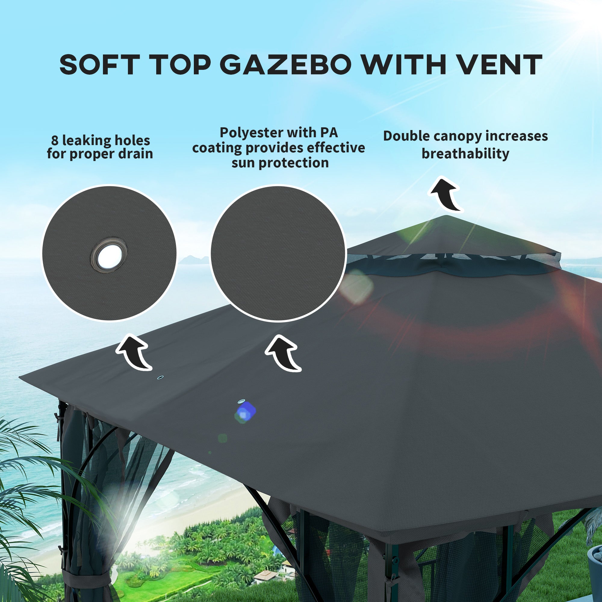 Outsunny 3 x 3(m) Garden Gazebo Patio Party Tent Shelter Outdoor Canopy Double Tier Sun Shade Metal Frame Netting, Dark Grey - North Peak Garden Furniture