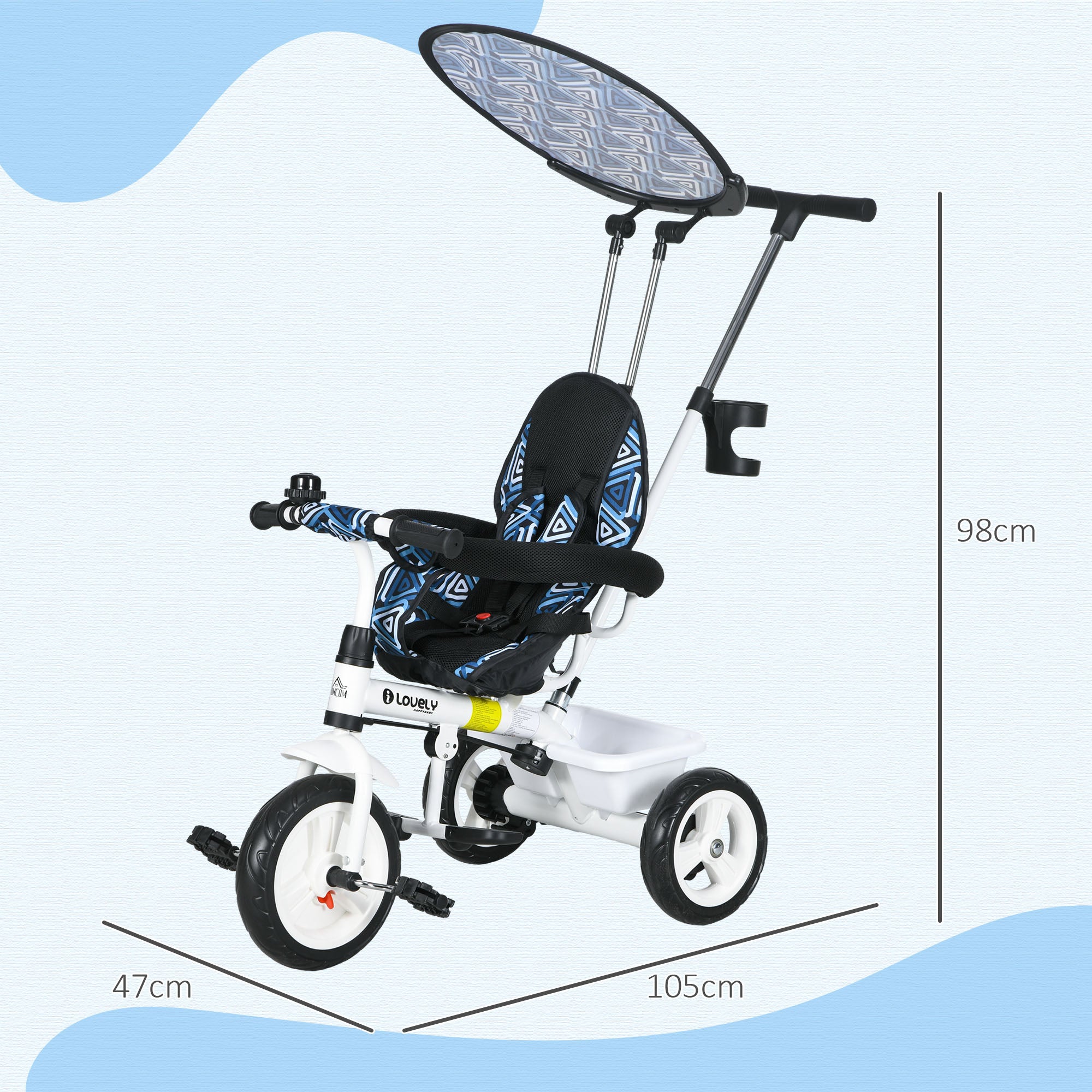 HOMCOM 6 in 1 Tricycle for Kids with 5-point harness straps, Removable Canopy, Blue - North Peak Garden Furniture