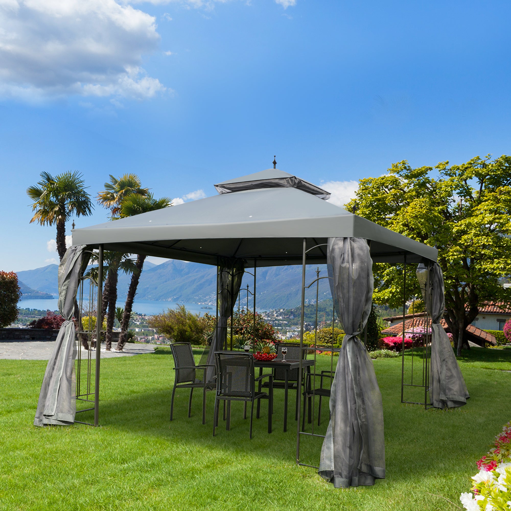 Outsunny 3(M)x3(M) Garden Gazebo Double Top Outdoor Canopy Patio Event Party Wedding Tent Backyard Sun Shade with Netting - Grey