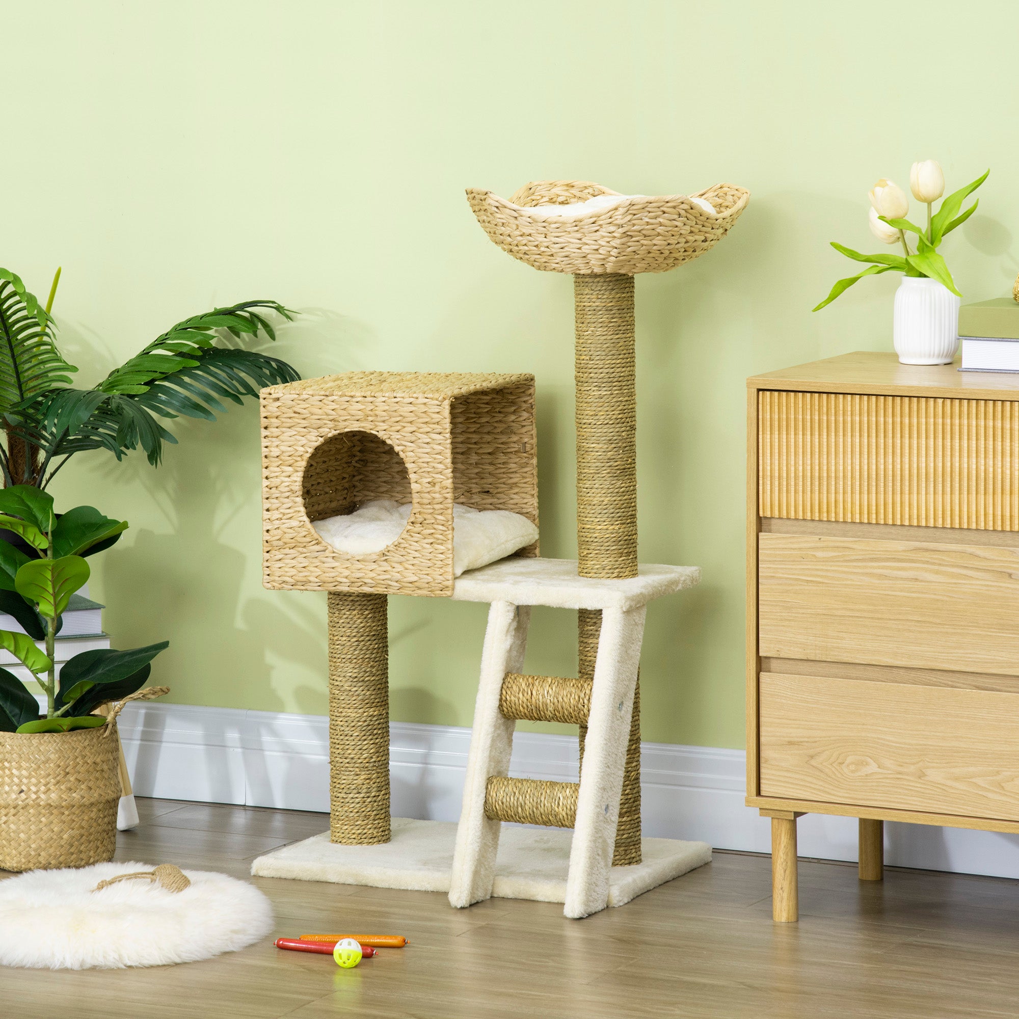 PawHut Cat Tree, with Scratching Posts, Bed, Cat House - Natural Finish - North Peak Garden Furniture