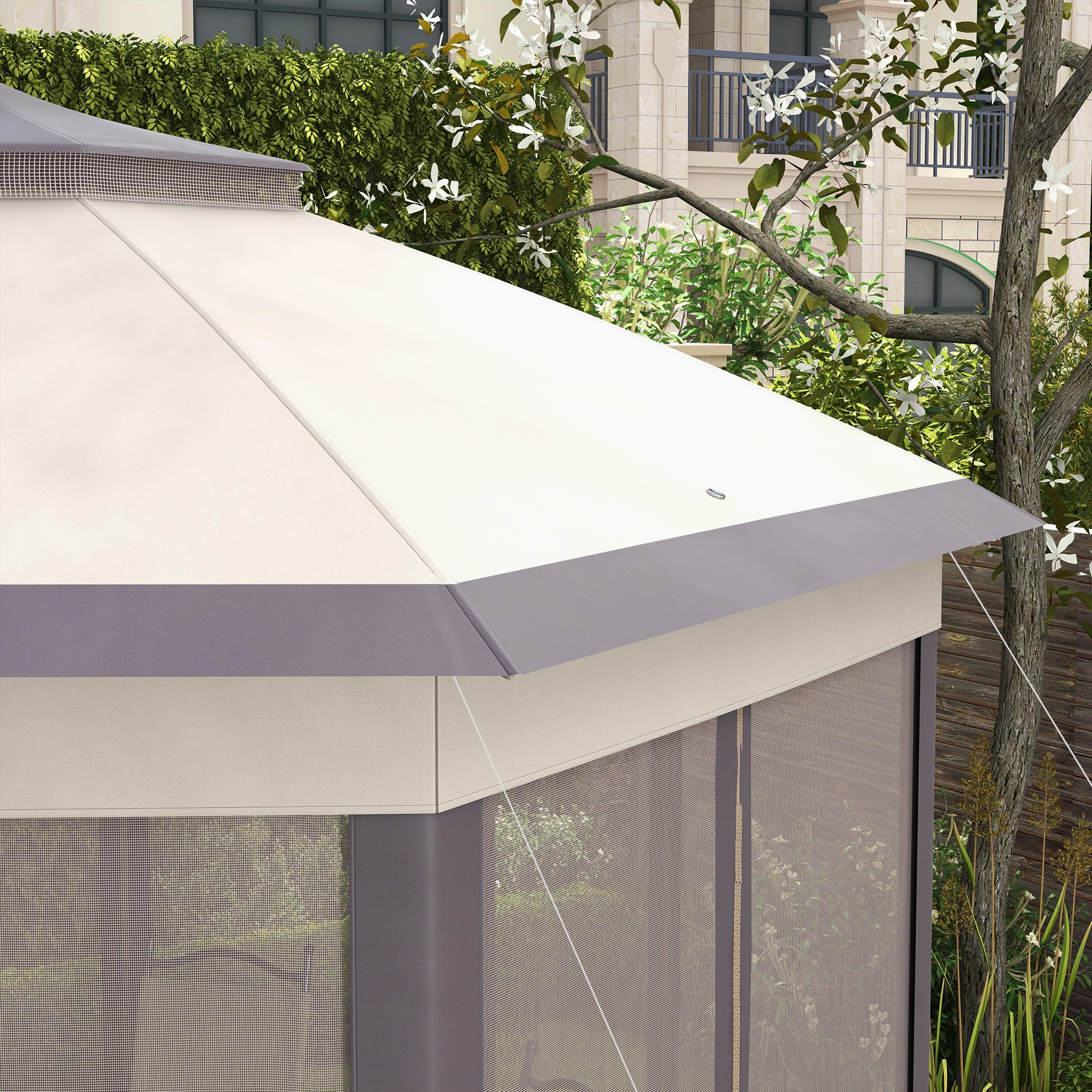 Outsunny Hexagon Garden Gazebo Pop Up Gazebo Outdoor Patio Double Roof Instant Shelter with Netting, 3 x 4m, Beige - North Peak Garden Furniture