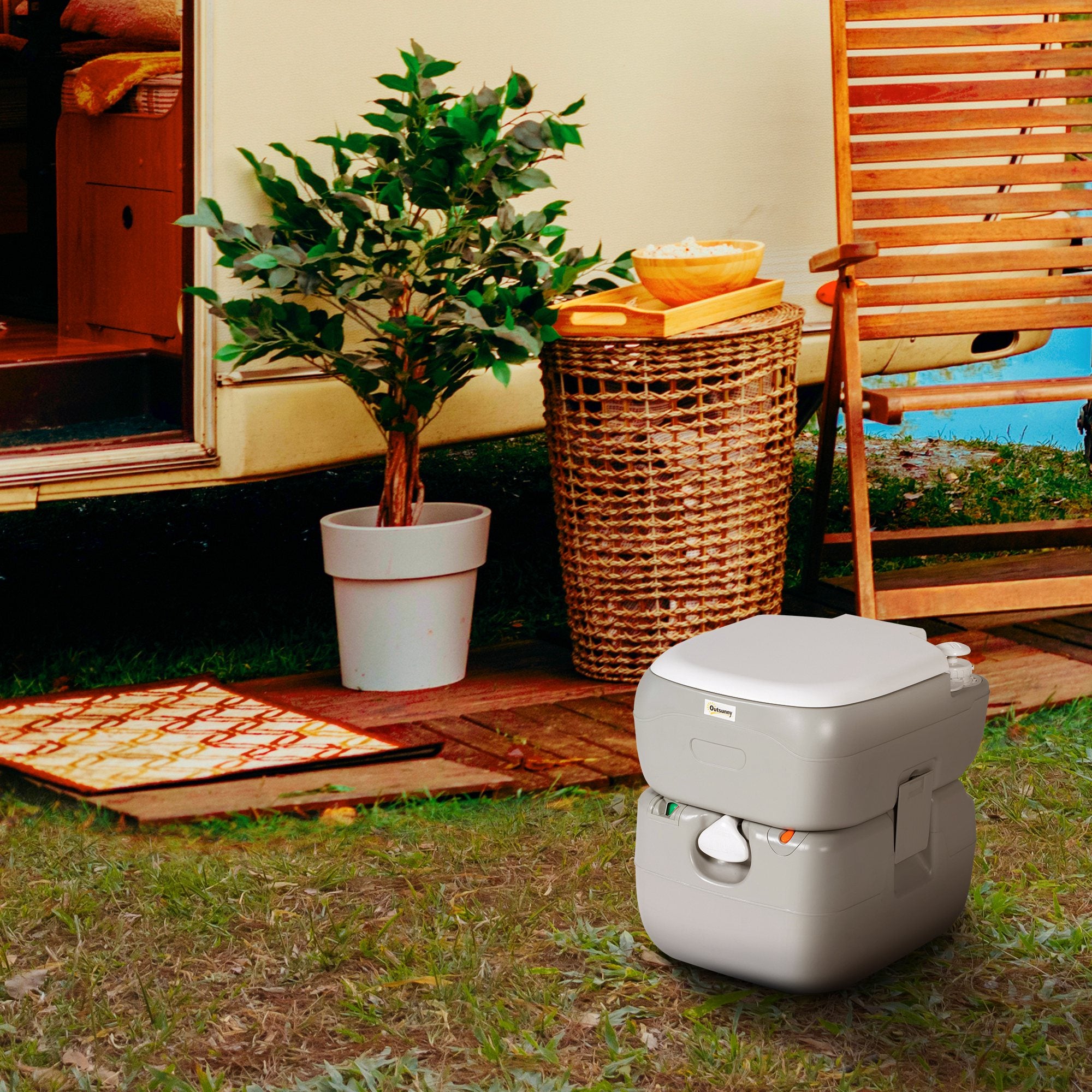 Outsunny Portable Toilet for Adults, 22L Camping Toilet with Seat, Lid and Anti-Leak Handle Pump, Outdoor Travel Toilet with Detachable Tanks for Camping, Boating, Hiking, Travel, RV, Grey - North Peak Garden Furniture