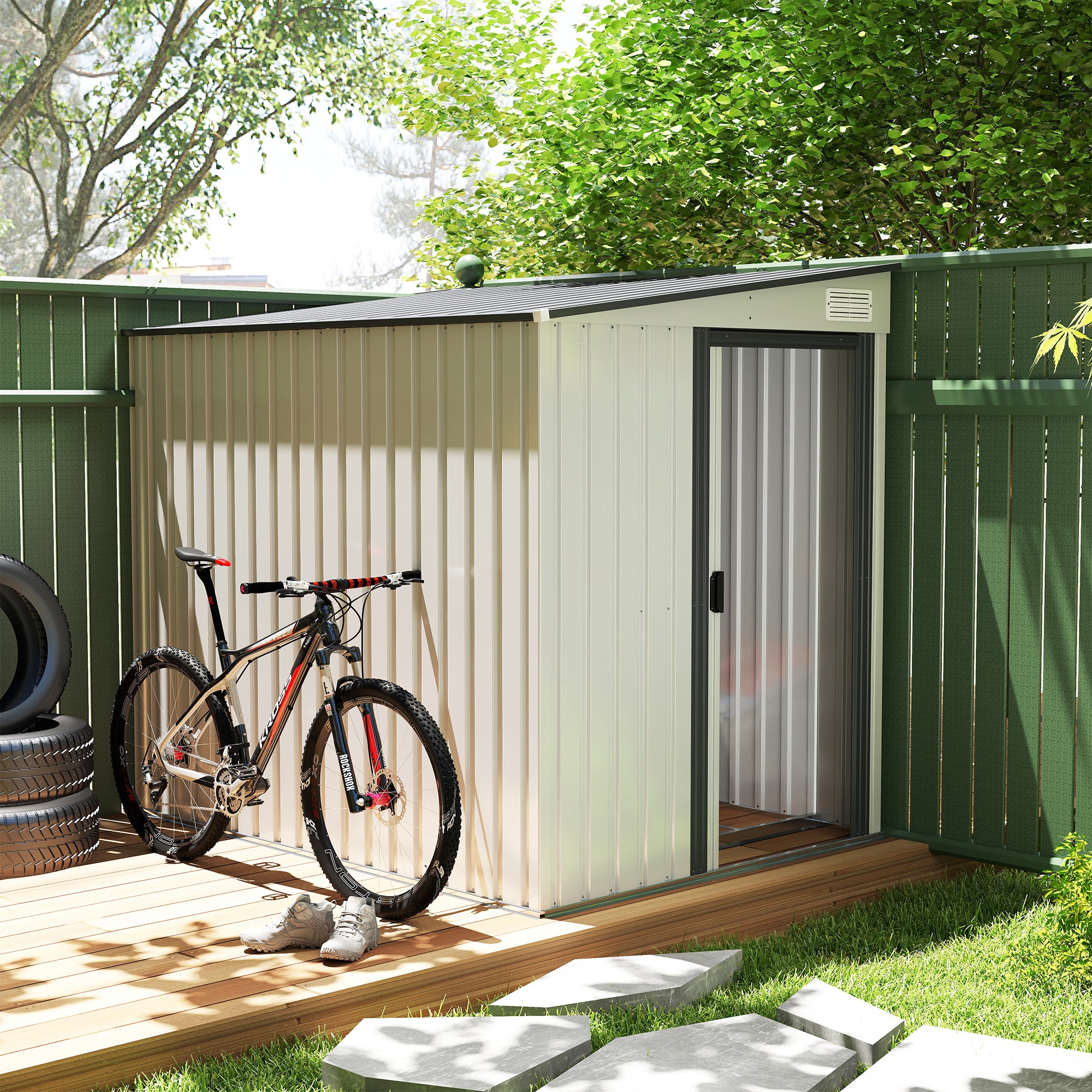 Outsunny 7 x 5ft Galvanised Metal Shed, with Sliding Door, White - North Peak Garden Furniture