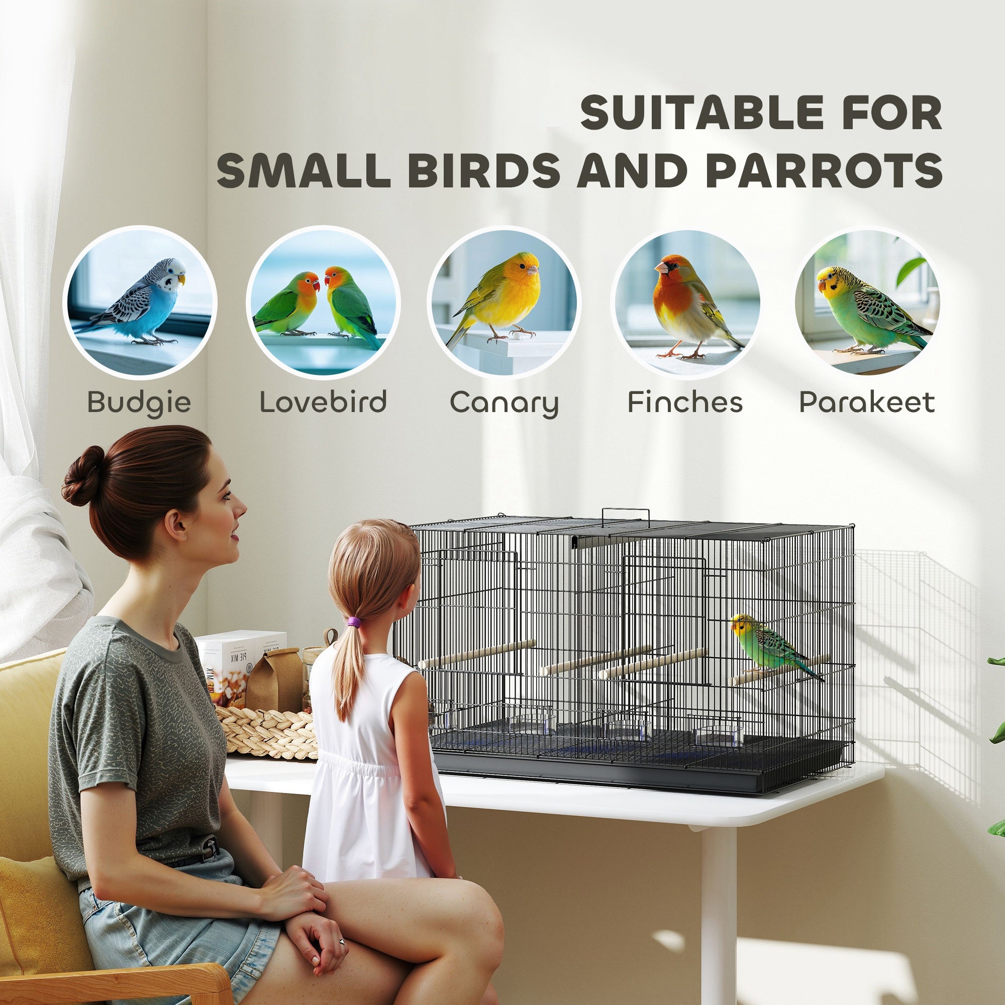 PawHut Bird Cage with Divider, 4 Wooden Perches, Slide Out Tray, 4 Feeders, for Budgie, Lovebird, Canary, 76 x 46 x 46cm, Black - North Peak Garden Furniture