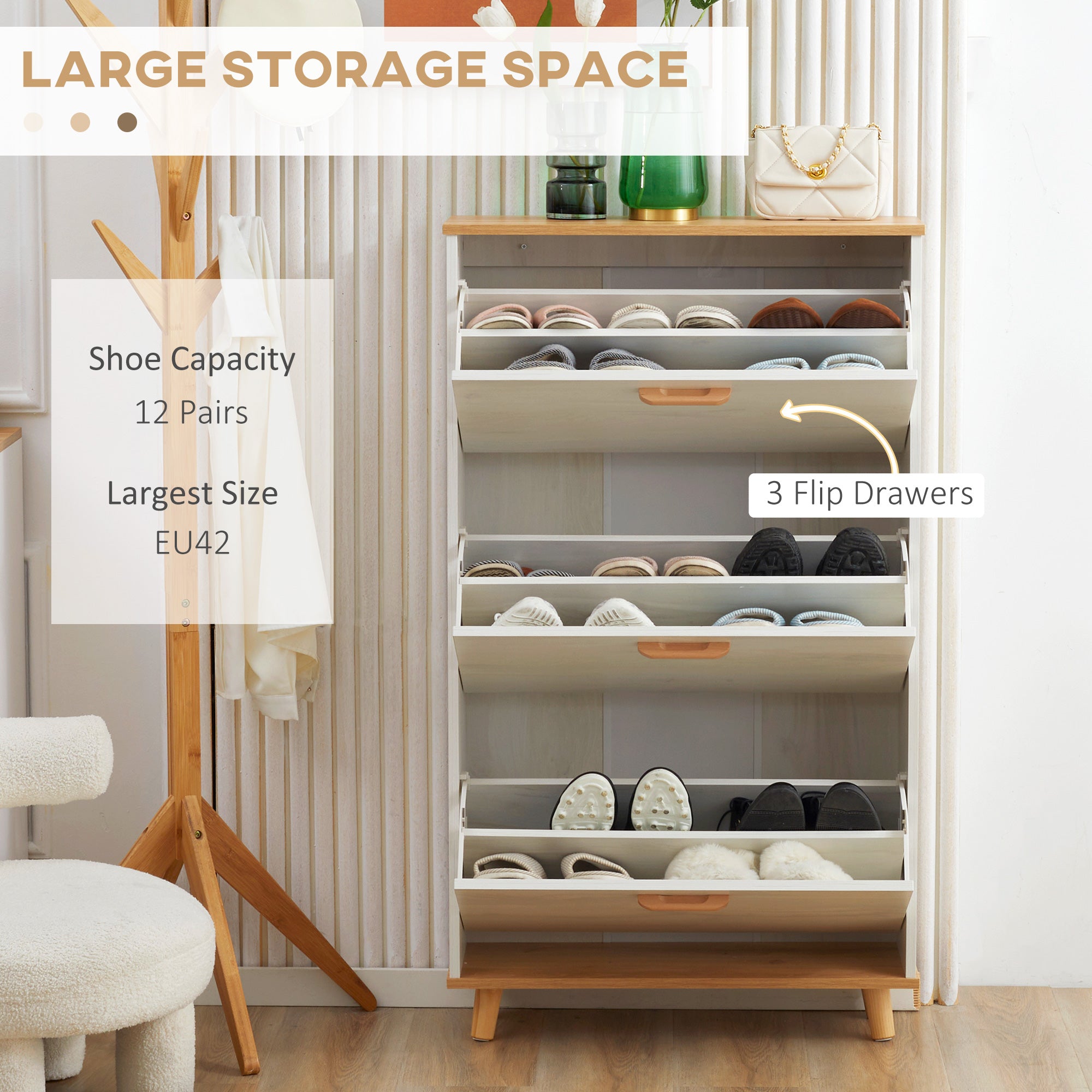 HOMCOM Narrow Shoe Cabinet, Slim Shoe Storage Cabinet with 3 Flip Drawers and Adjustable Shelves, 12 Pair of Shoes Organizer for Hallway, Entryway, White - North Peak Garden Furniture