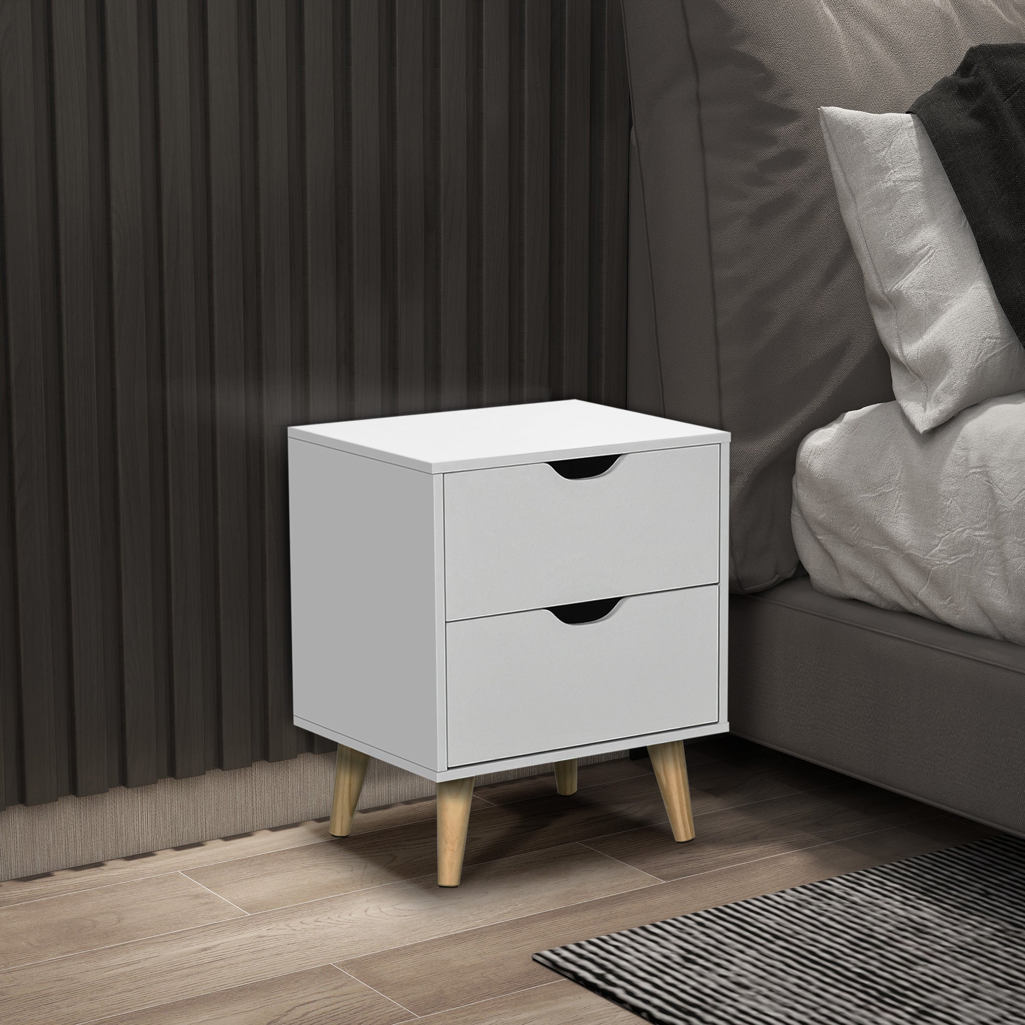 HOMCOM Bedside Table, Bedside Cabinet with 2 Drawers, Side End Table with Pine Wood Legs for Bedroom Living Room, White - North Peak Garden Furniture