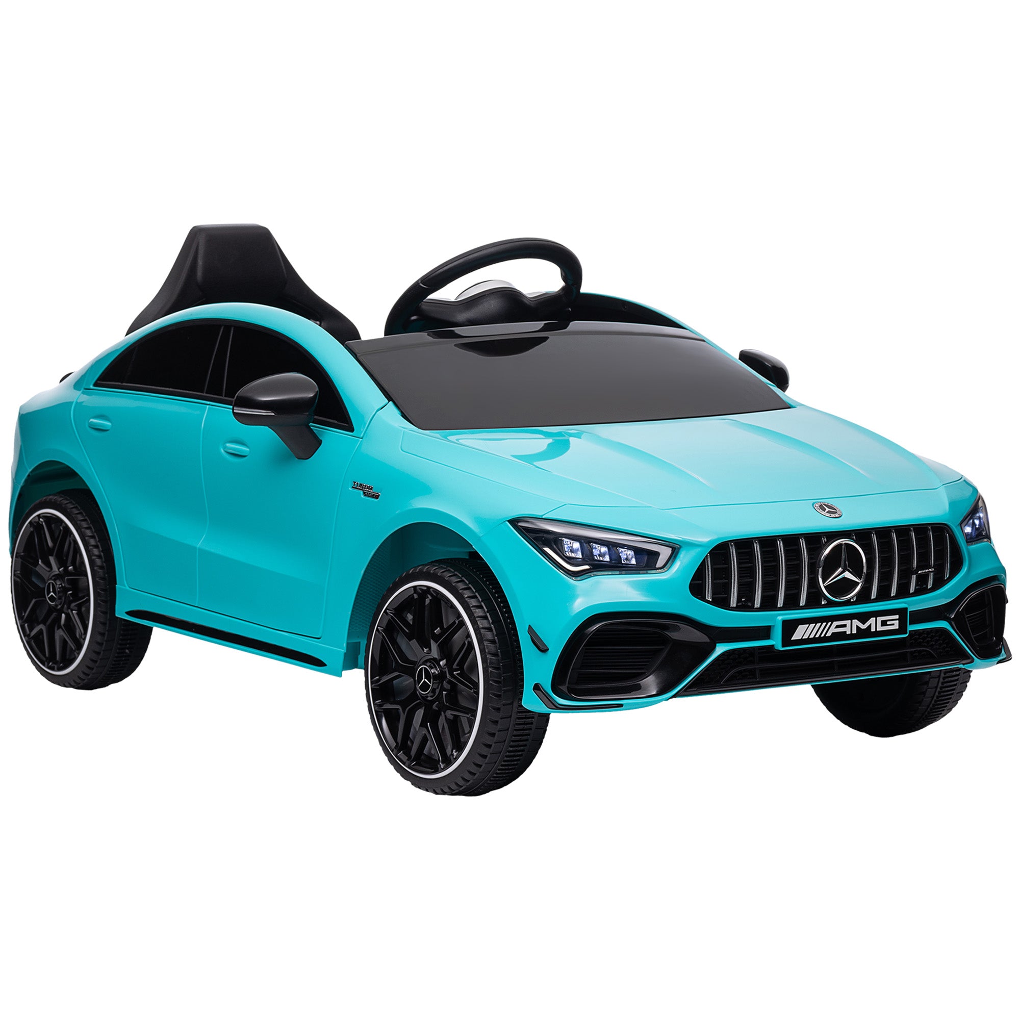 AIYAPLAY Mercedes-AMG CLA 45 Licensed 12V Kids Electric Car Ride on Car w/ Remote, Suspension Lights Music Horn - Light Blue - North Peak Garden Furniture