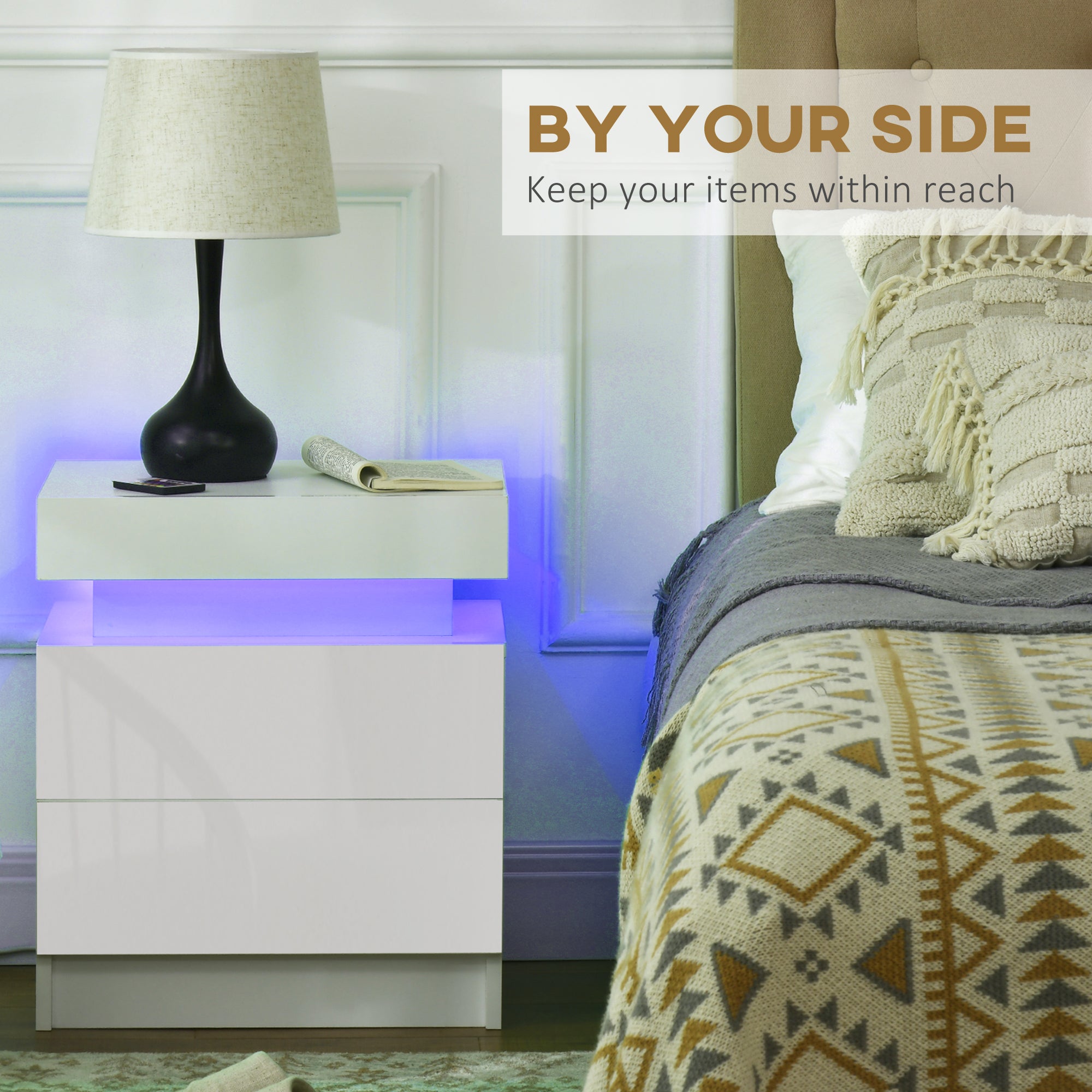 HOMCOM White Bedside Table with LED Light, High Gloss Front Nightstand with 2 Drawers, for Living Room, Bedroom - North Peak Garden Furniture