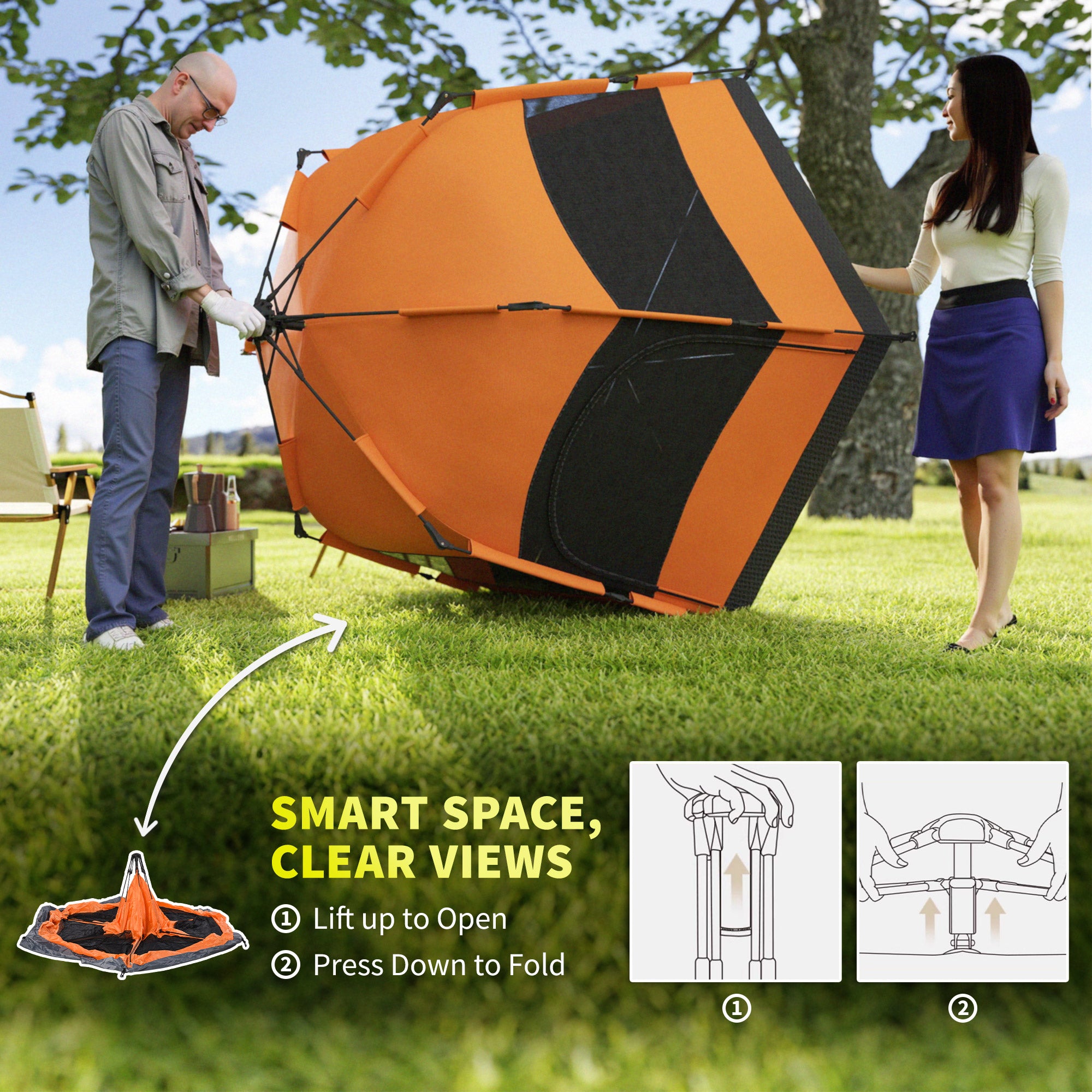 Outsunny Double Layer Dome Tent with Rainfly and Welded Floor, 4 Man Hexagon Pop Up Tent, Portable Camping Shelter with Hang Hook and Carry Bag, for Festival Hiking Family, Orange and Blue
