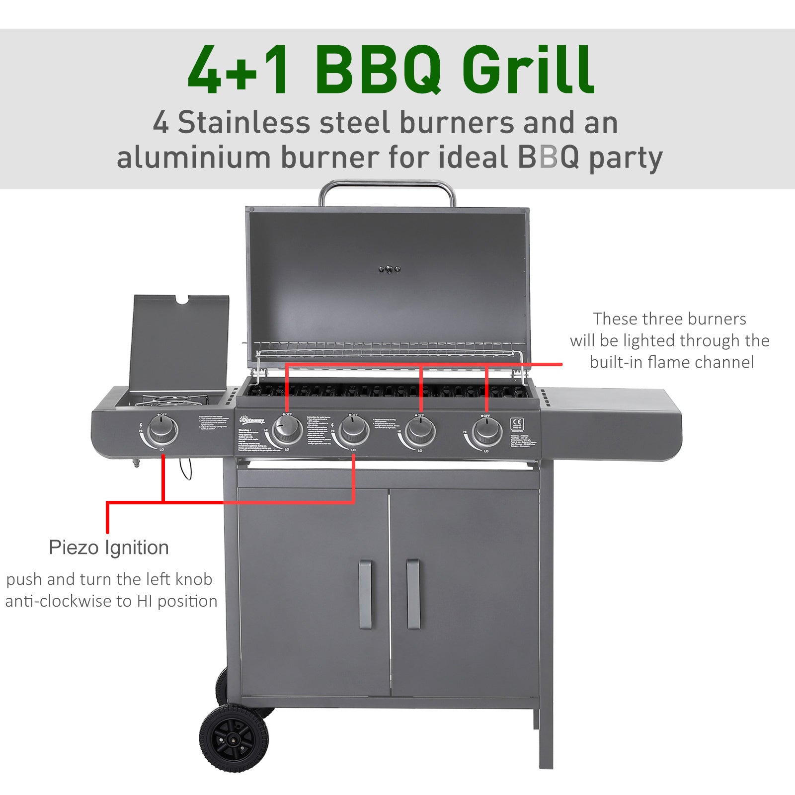 Outsunny 4+1 Burner Gas BBQ Grill, Outdoor Barbecue Trolley with Wheels, Warming Rack, Side Shelves, Cabinet, Thermometer for Garden, Party, Camping, 125 L x 51 W x 100 H cm, Grey - North Peak Garden Furniture