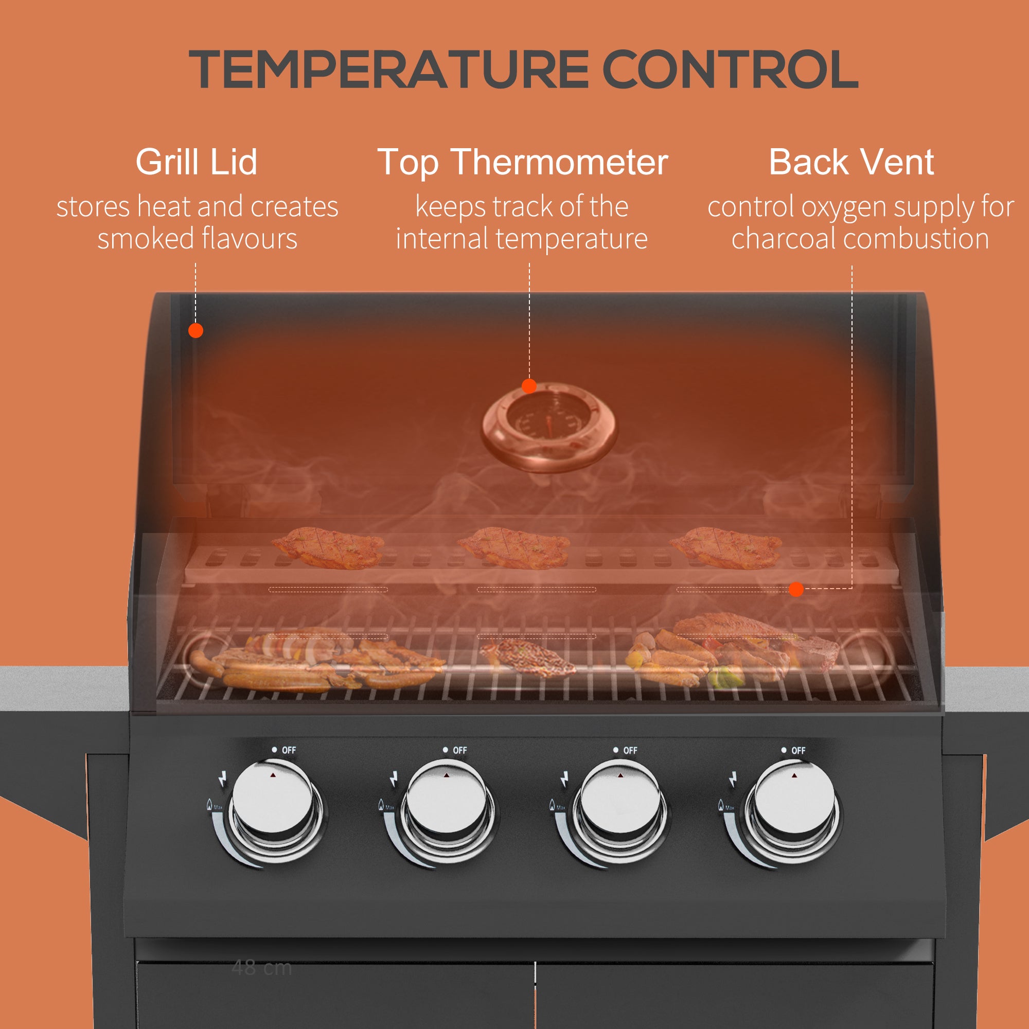 Outsunny 4 Burner Gas BBQ Grill Outdoor Portable Barbecue Trolley w/ Warming Rack, Side Shelves, Storage Cabinet, Thermometer - North Peak Garden Furniture