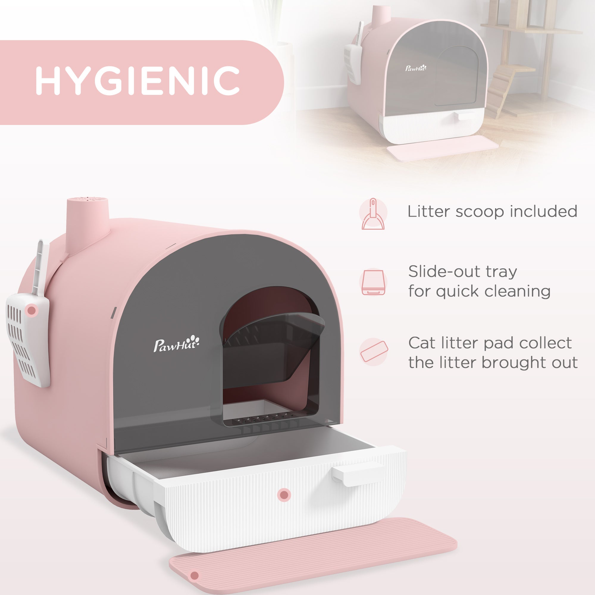 PawHut Hooded Cat Litter Box, Kitten Litter Tray, with Lid, Scoop, Filter, Flap Door, Pink - North Peak Garden Furniture