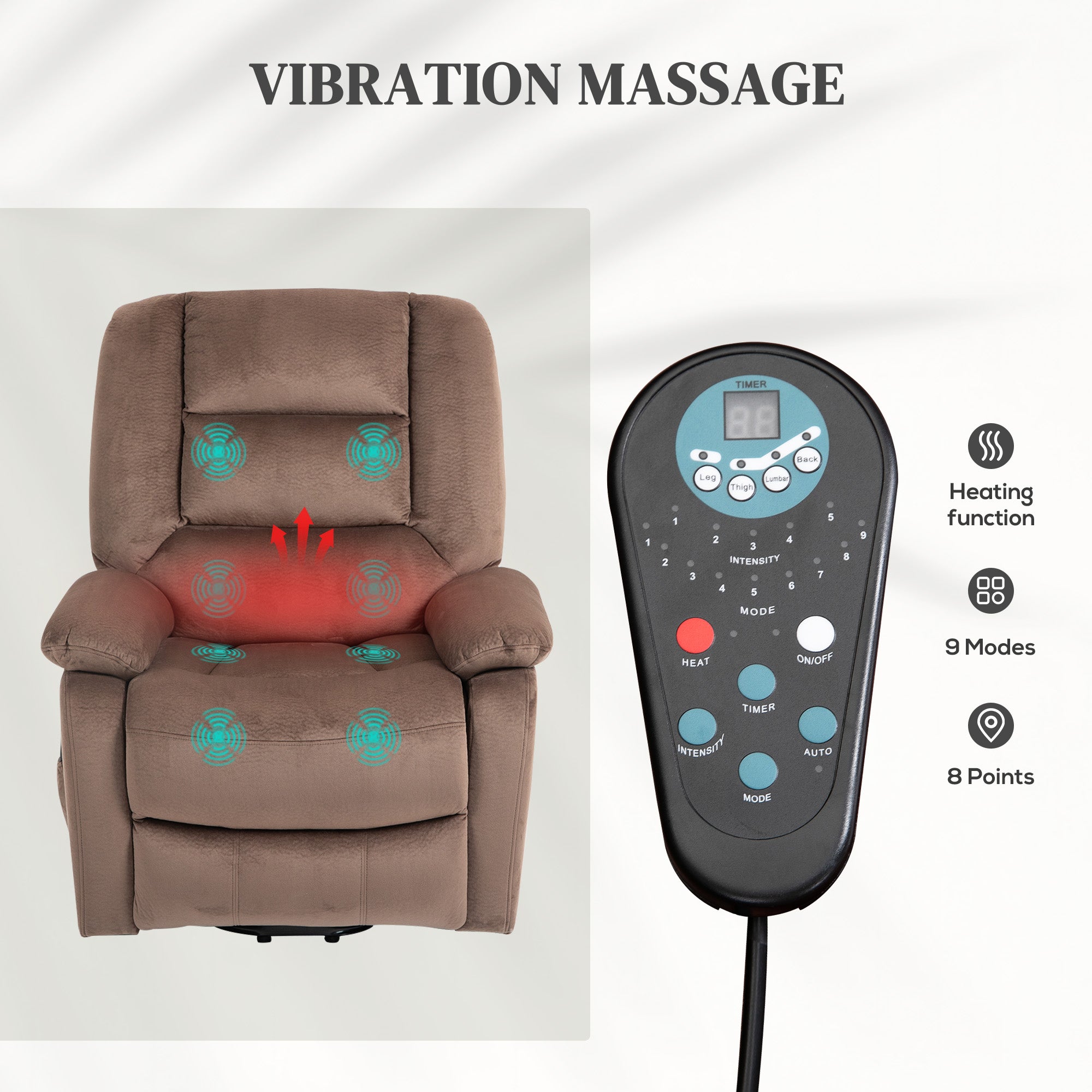HOMCOM Velvet-Feel Electric Lift-and-Recline Massage Armchair, with Remote - Brown - North Peak Garden Furniture