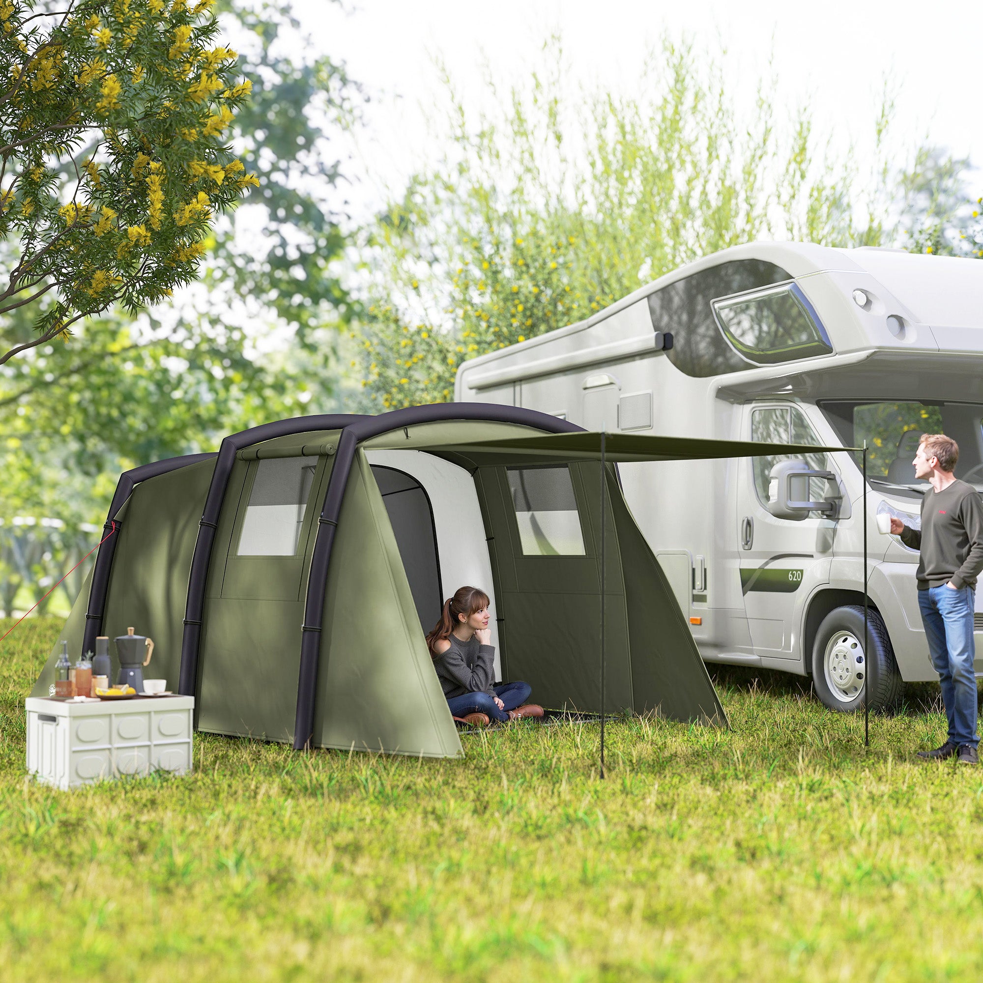 Outsunny Inflatable 3-4 Man Tunnel Tent w/ Air Pump, Living Area & Vestibule, Waterproof Family Camping Air Tent w/ Sewn In Groundsheet & Removable Footprint for Camping, Hiking, Olive Green - North Peak Garden Furniture