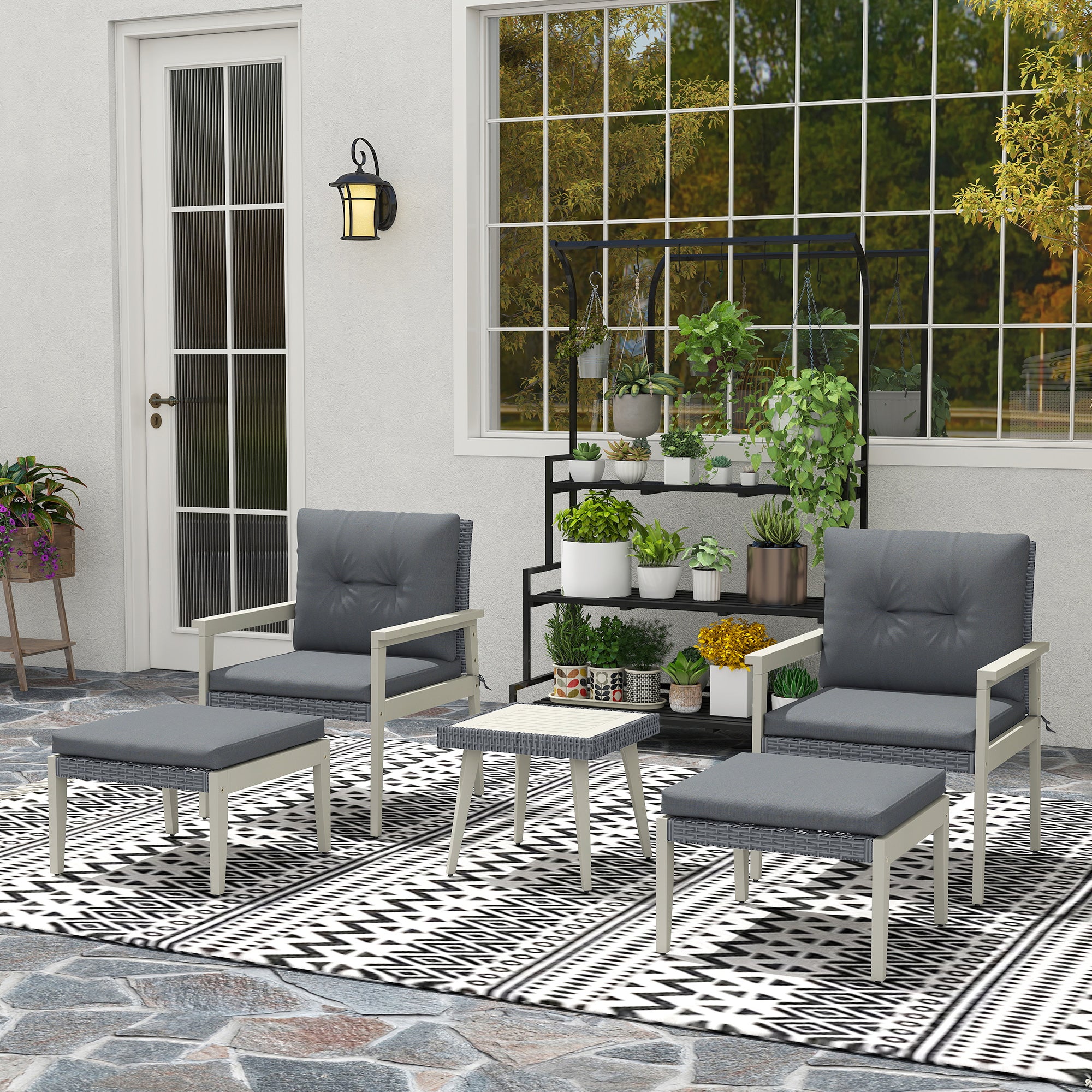 Outsunny 5 Pieces Rattan Garden Furniture Set, Patio Conversation Set with Cushions, Acacia Wood Top Coffee Table and Footstools, Outdoor Table and Chairs for Balcony, Terrace and Conservatory, Grey - North Peak Garden Furniture