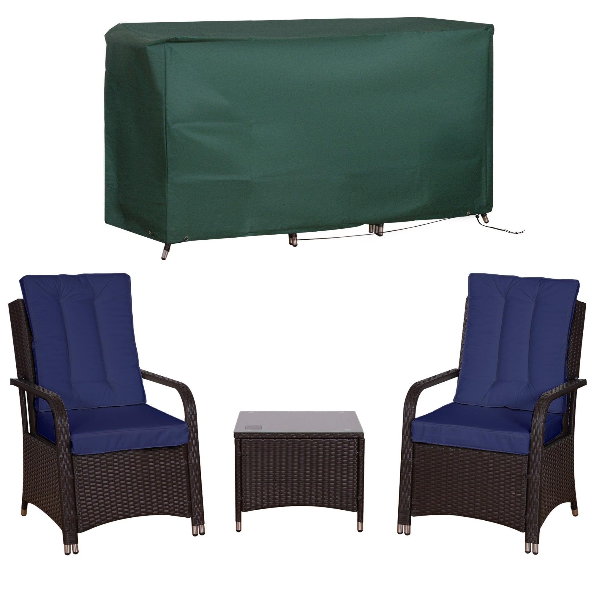 Outsunny 3 Pieces Rattan Bistro Set with Furniture Cover, Wicker Garden Furniture Set, Glass Top Coffee Table and Chairs with Cushions for Outdoor, Patio, Balcony, Dark Blue - North Peak Garden Furniture