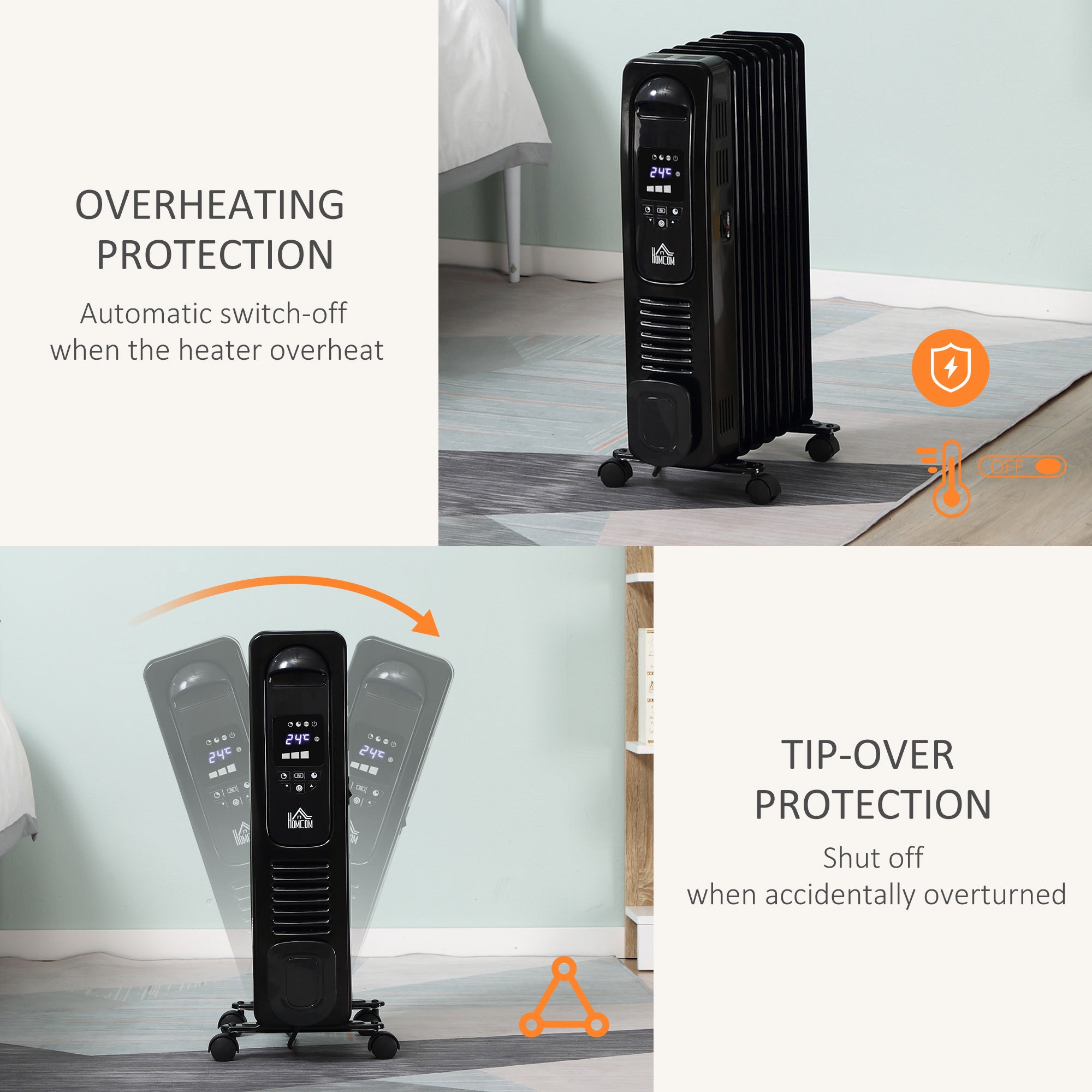 HOMCOM 1500W Digital Oil Filled Radiator, 7 Fin, Portable Electric Heater with LED Display, Built-in Timer, 3 Heat Settings, Safety Cut-Off and Remote Control, Black - North Peak Garden Furniture