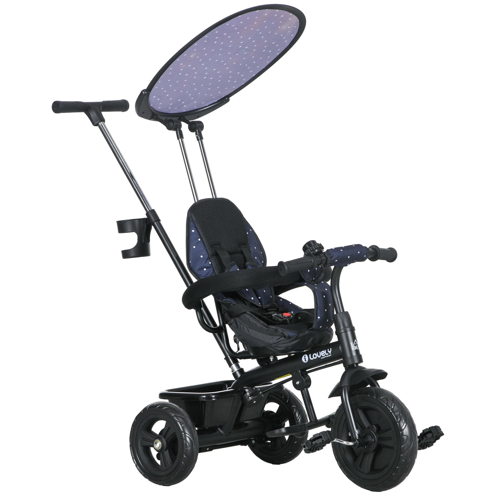 HOMCOM 6 in 1 Tricycle for Kids with 5-point harness straps, Removable Canopy, Dark Blue - North Peak Garden Furniture