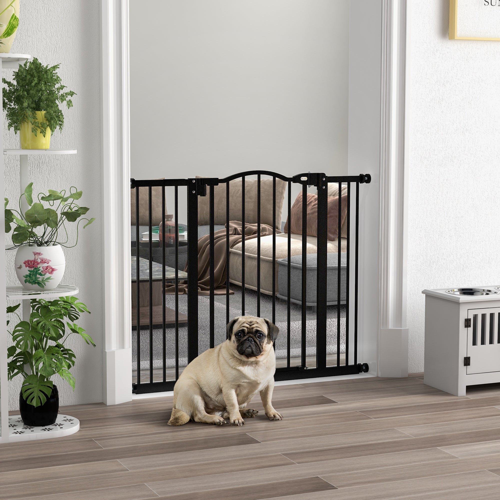 PawHut Metal 74-100cm Adjustable Pet Gate Safety Barrier w/ Auto-Close Door Black - North Peak Garden Furniture