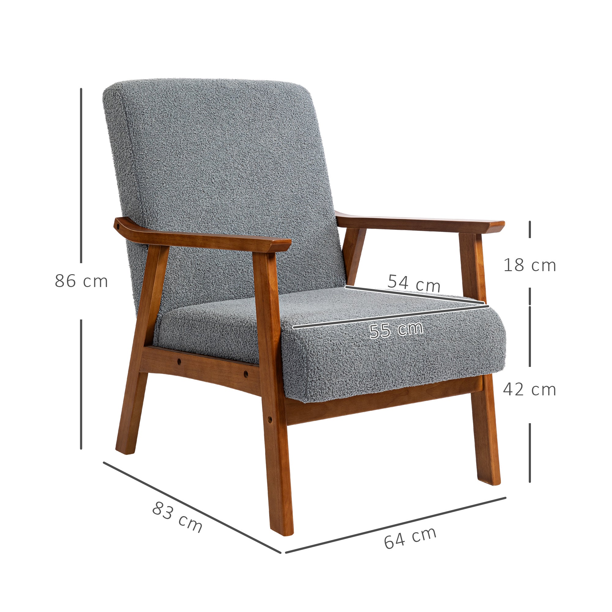 HOMCOM Armchair with Wide Seat, Boucle Accent Chair, Thick Padded Occasional Chair with Solid Wood Frame for Living Room Bedroom Home Office Reception Balcony, Grey - North Peak Garden Furniture