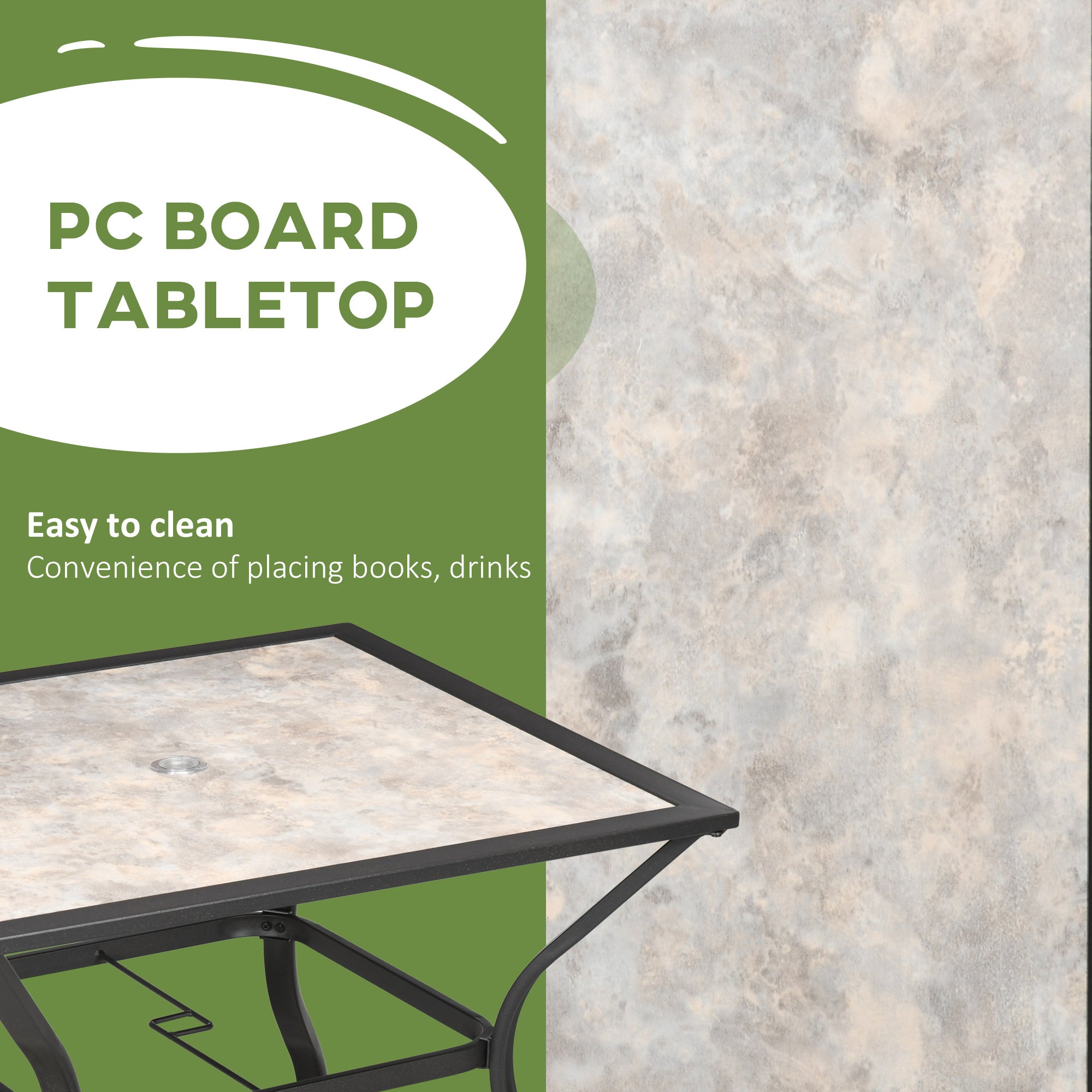 Outsunny 94 x 94 cm Garden Table with Parasol Hole, Outdoor Dining Table for 4, Square Patio Table with Stone-Grain Effect PC Board Top for Patio, Garden, Grey - North Peak Garden Furniture