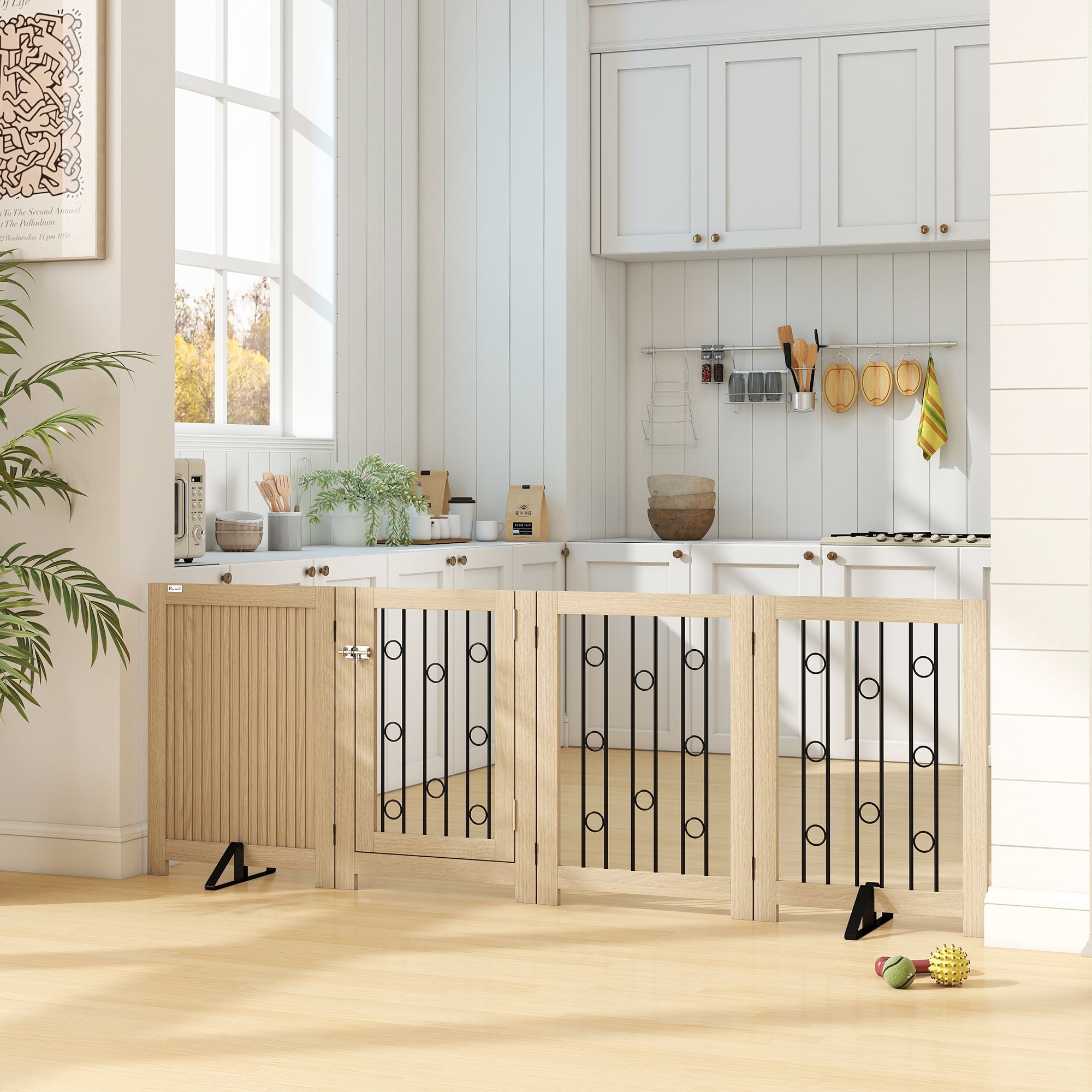 PawHut 4 Panel Freestanding Pet Gate, Indoor Dog Barrier with Lockable Door, Support Feet, 360° Flexible Hinges, Oak