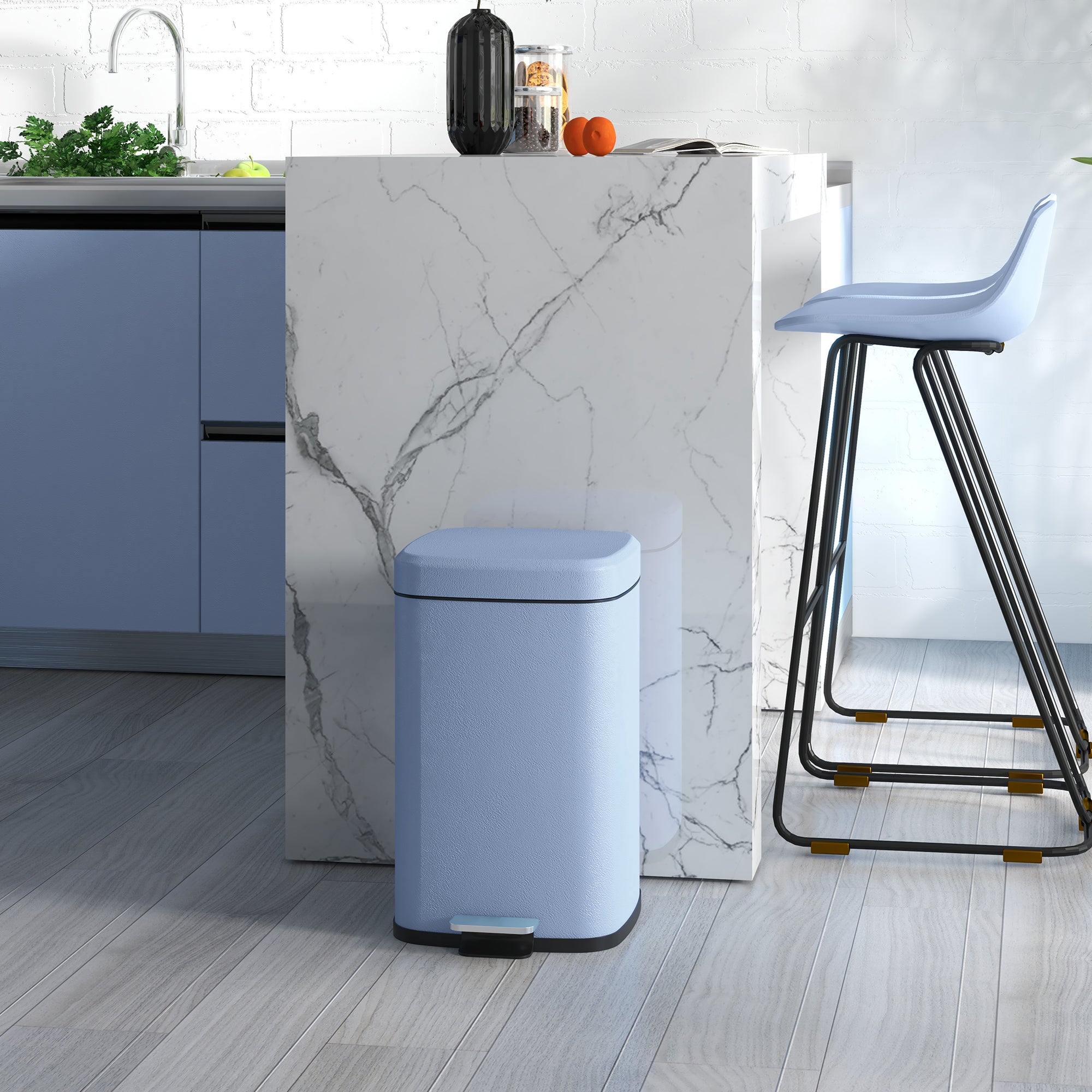 HOMCOM 20L Modern Boxy Metal Home Kitchen Bin - Light Blue - North Peak Garden Furniture