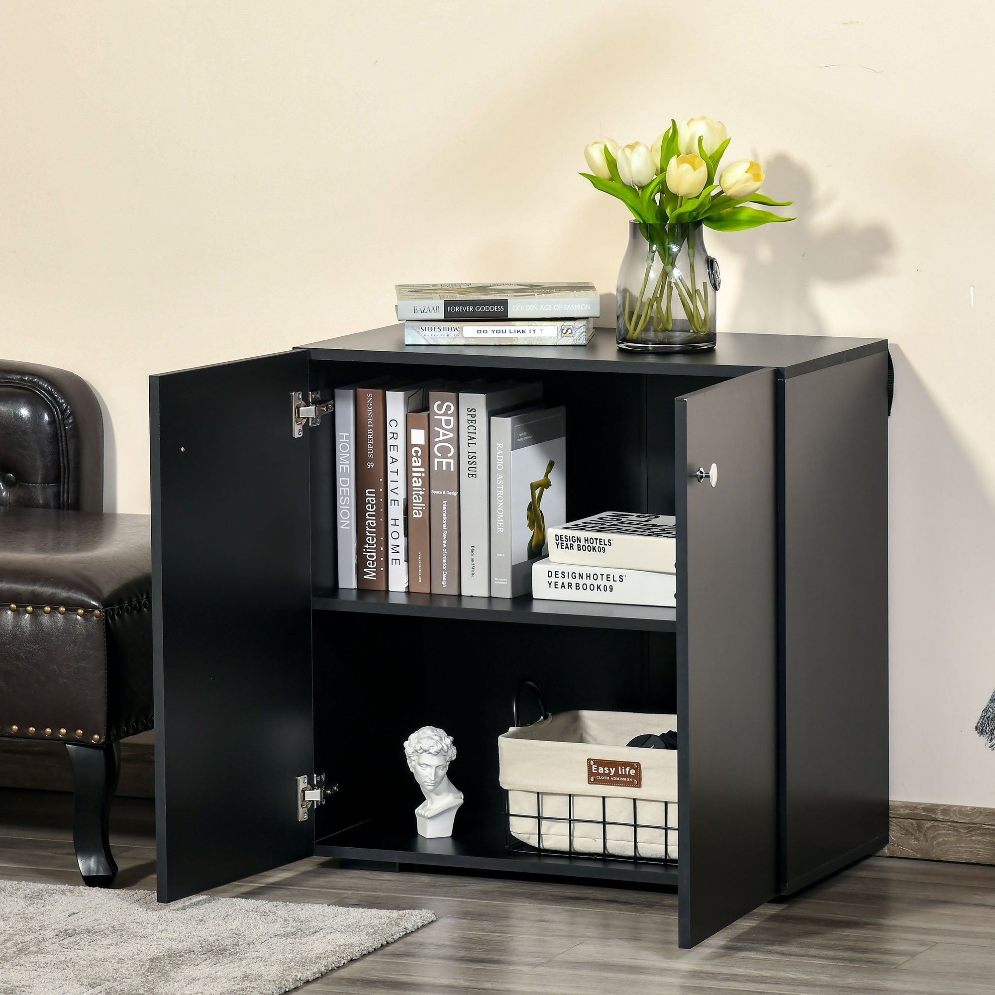HOMCOM Storage Cabinet w/ Two Shelves Wooden Sideboard Freestanding Kitchen Cupboard Bookcase - Black - North Peak Garden Furniture