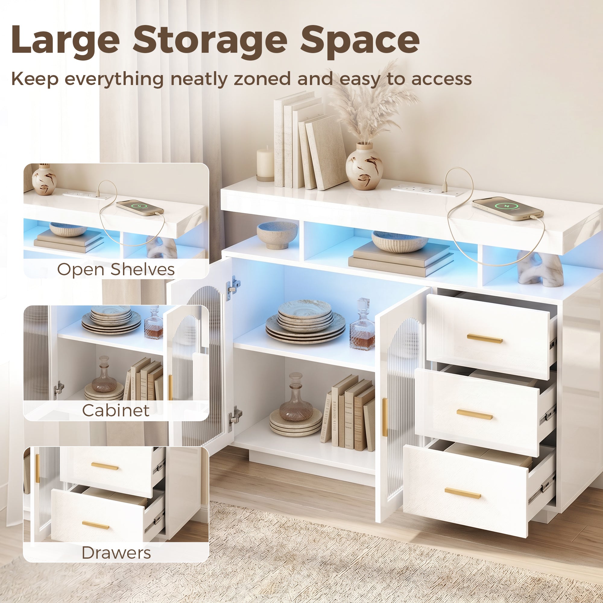 HOMCOM High Gloss Sideboard with LED Lights, Built-in Power Outlets, 3 Drawers, Shelves and 2 Acrylic Doors, White
