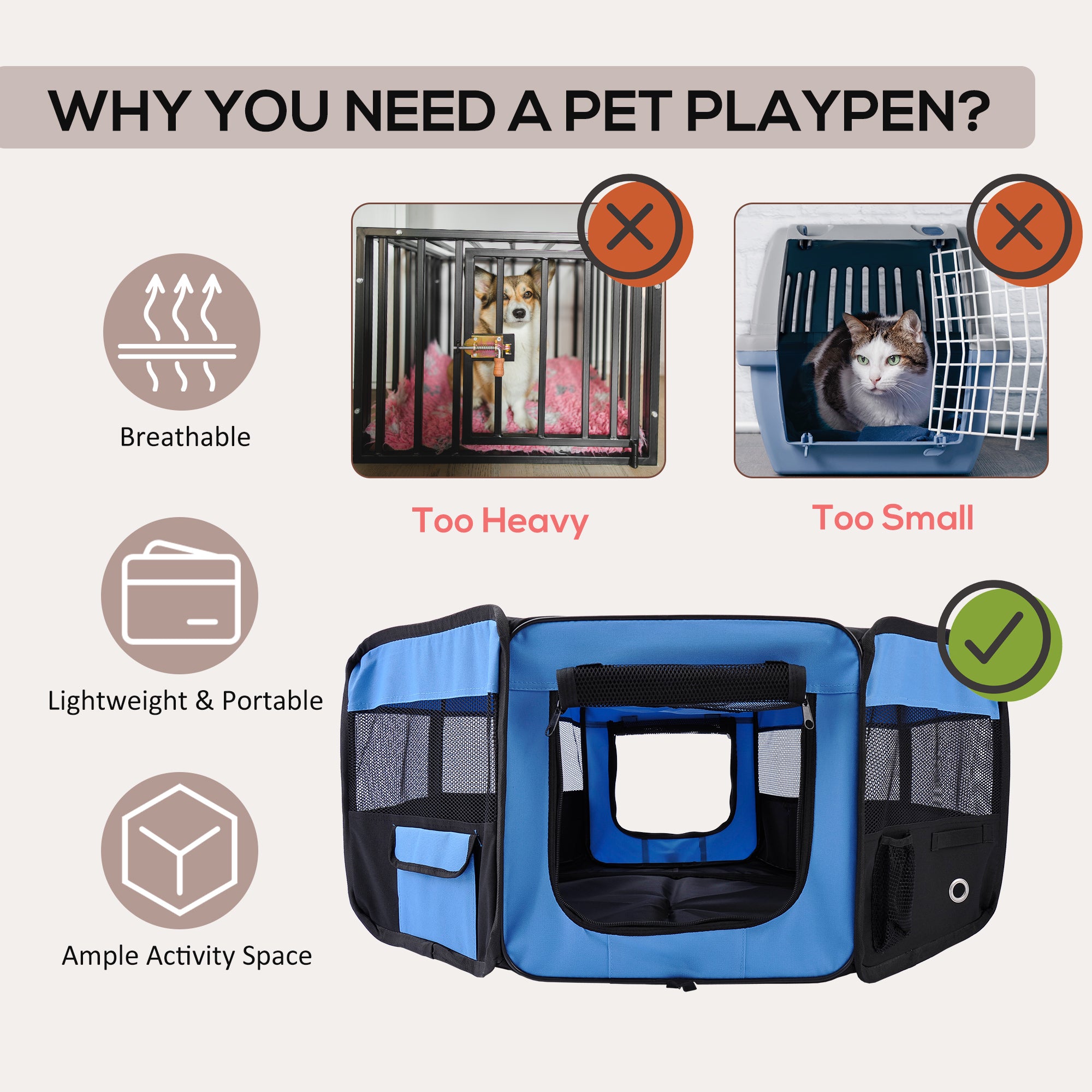 PawHut Portable Cat Dog Playpen Pet Puppy Rabbit Guinea Pig Pen Run Dia 90 x 41H cm Indoor & Outdoor Blue