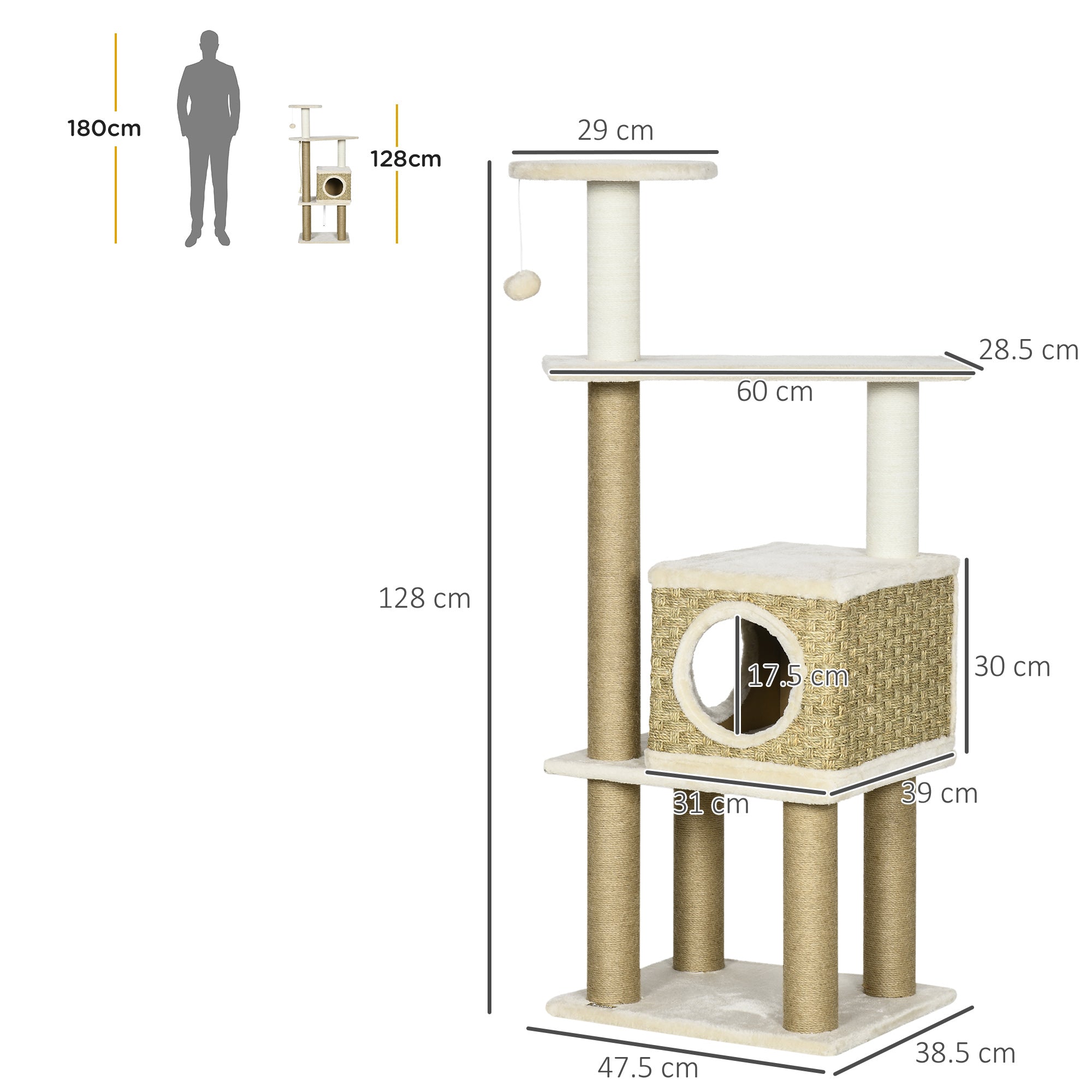 PawHut Cat Tree, with Scratching Post, Cat House & Hanging Toy Ball - Beige