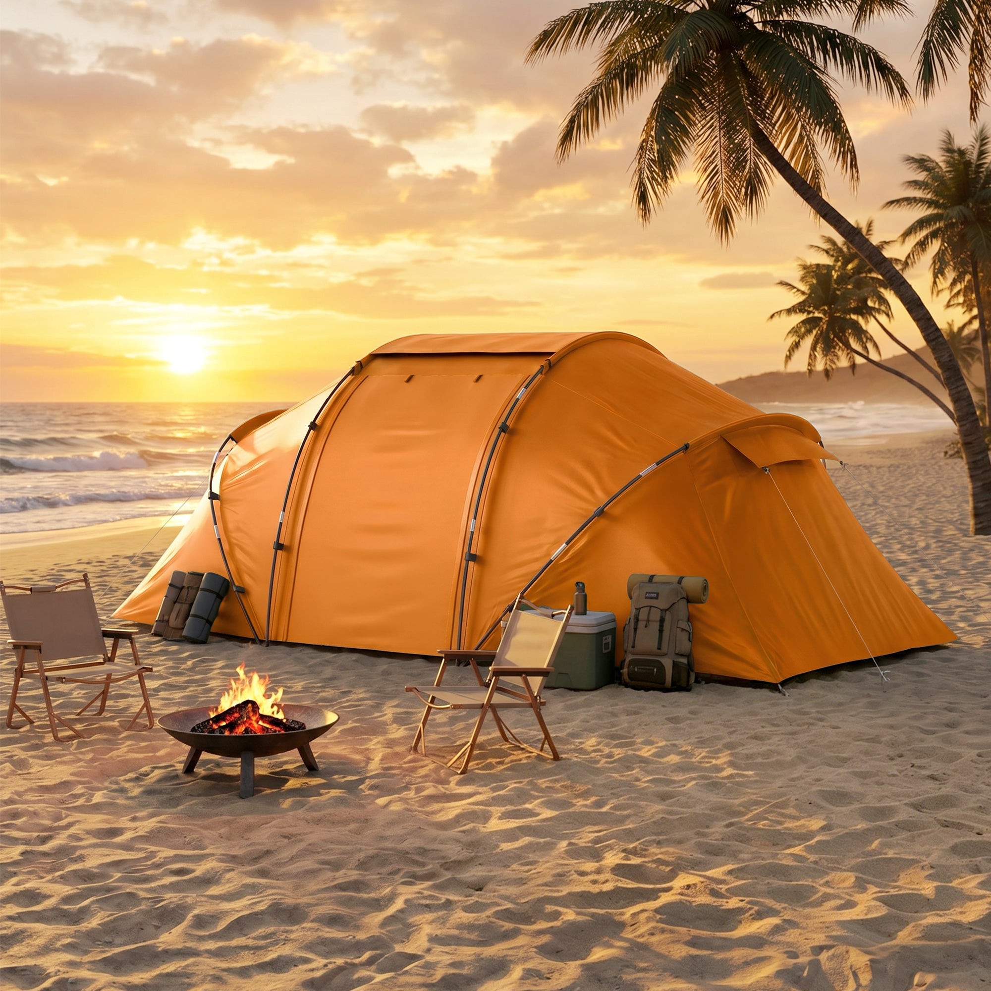 Outsunny 4-6 Man Camping Tent w/ Two Bedroom, Hiking Sun Shelter, UV Protection Tunnel Tent, Orange