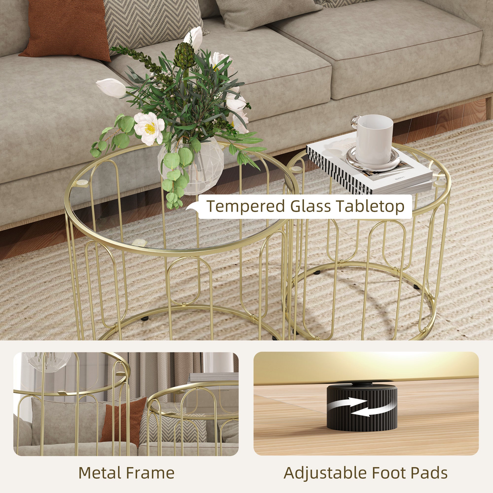 HOMCOM Round Coffee Table Set of 2, Glass Nest of Tables with Metal Frame and Tempered Glass Tabletop, Modern Side Tables for Living Room, Gold Tone - North Peak Garden Furniture