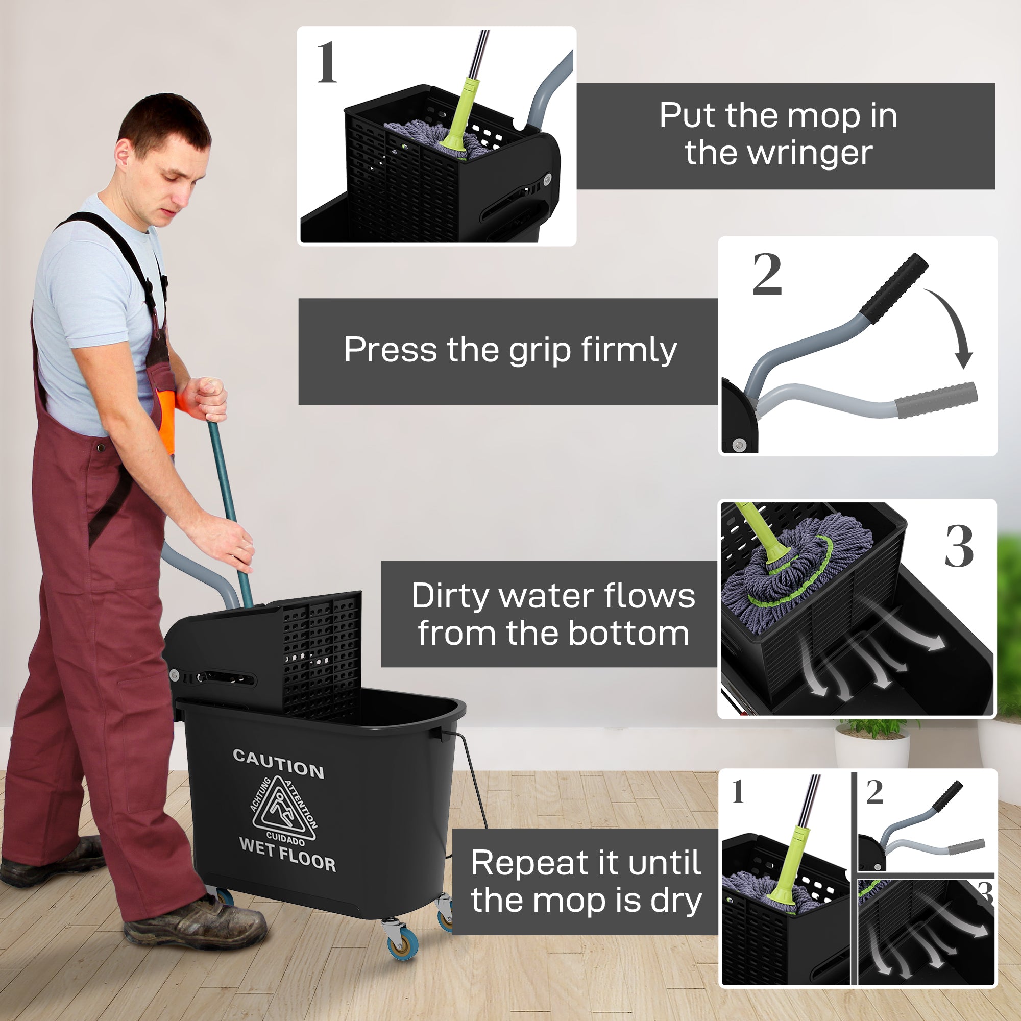 HOMCOM 20L Mop Bucket on Wheels, with Water Separation Panel - Black - North Peak Garden Furniture